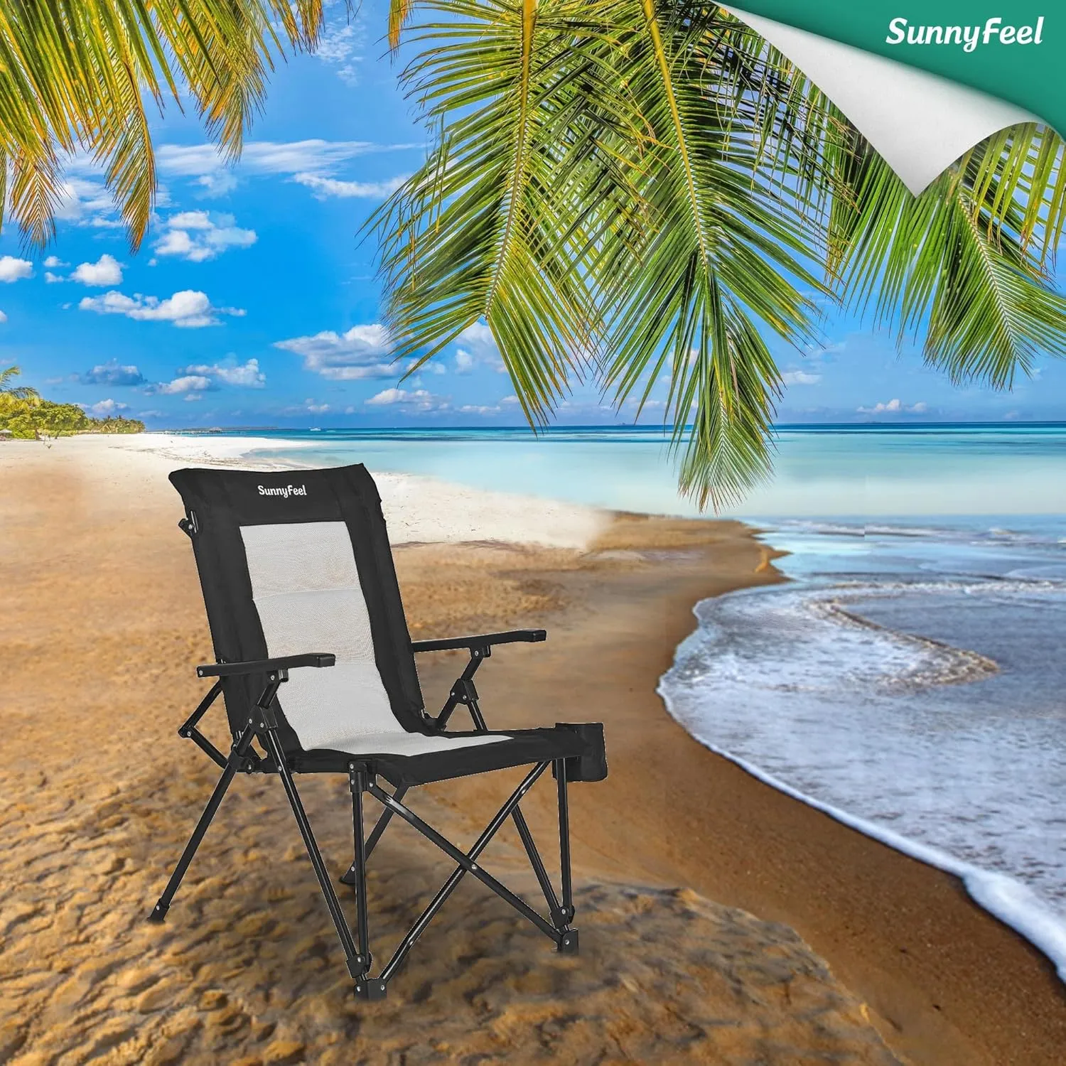 SUNNYFEEL Ergonomic High Back Camp Chair - 500lbs Heavy Duty Folding Chair, UV-Resistant Portable Camp Chair with Hard Armrests, Cup Holder＆ Bag for Outdoor, Basebal, Travel, Sports, Hiking, Fishing