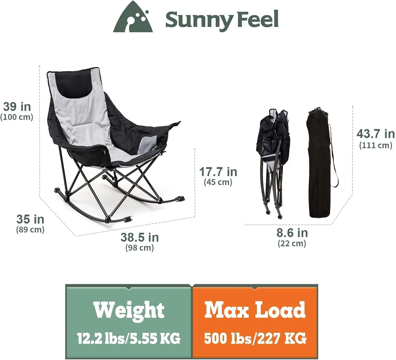 SUNNYFEEL Heated Camping Chair, Oversized Rocking Camping Chair for Adults 500 LBS,Folding Lawn Chair with Padded Patio Recliner, Portable Outdoor Camp Rocker Chairs