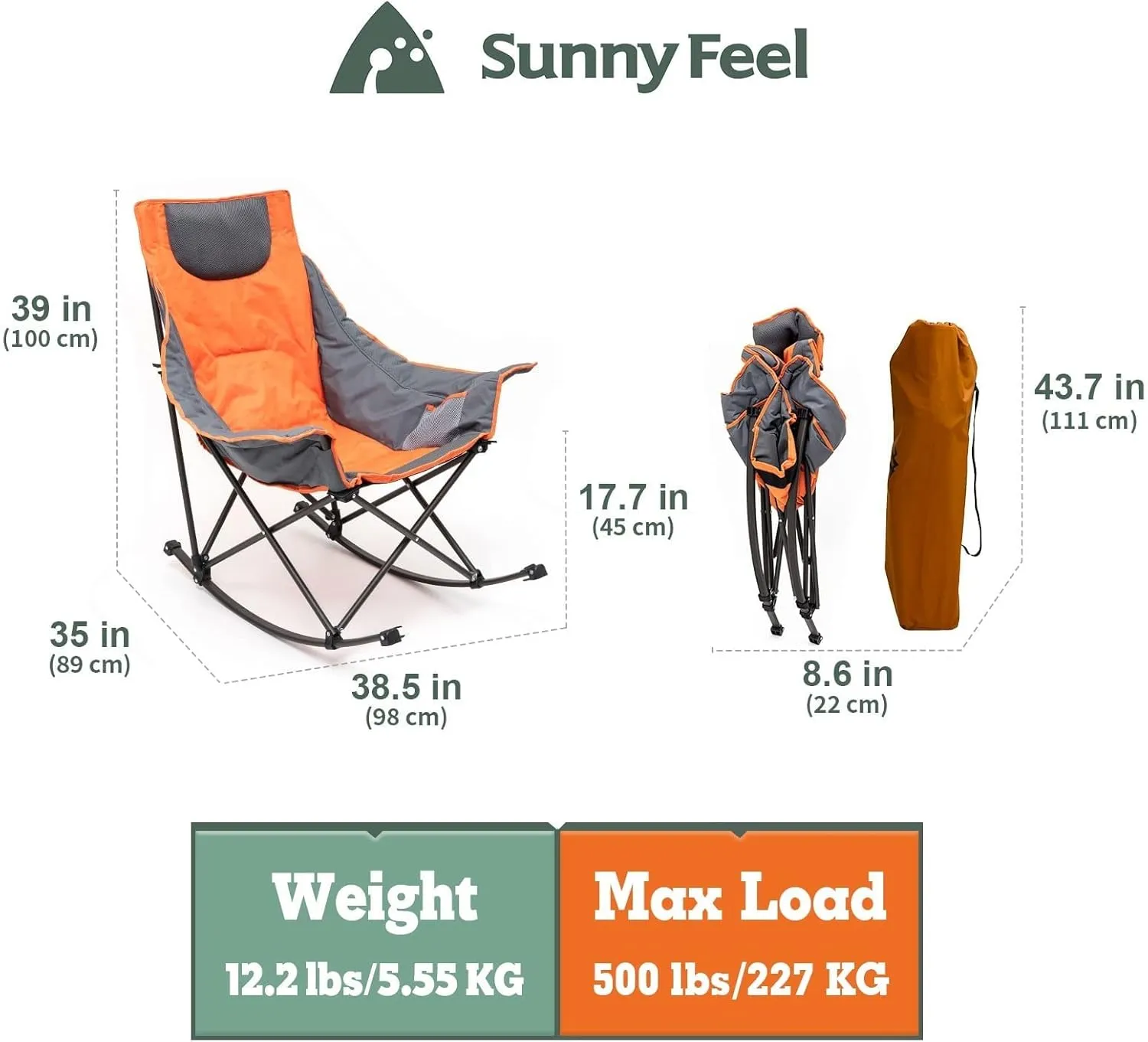 SUNNYFEEL Heated Camping Chair, Oversized Rocking Camping Chair for Adults 500 LBS,Folding Lawn Chair with Padded Patio Recliner, Portable Outdoor Camp Rocker Chairs
