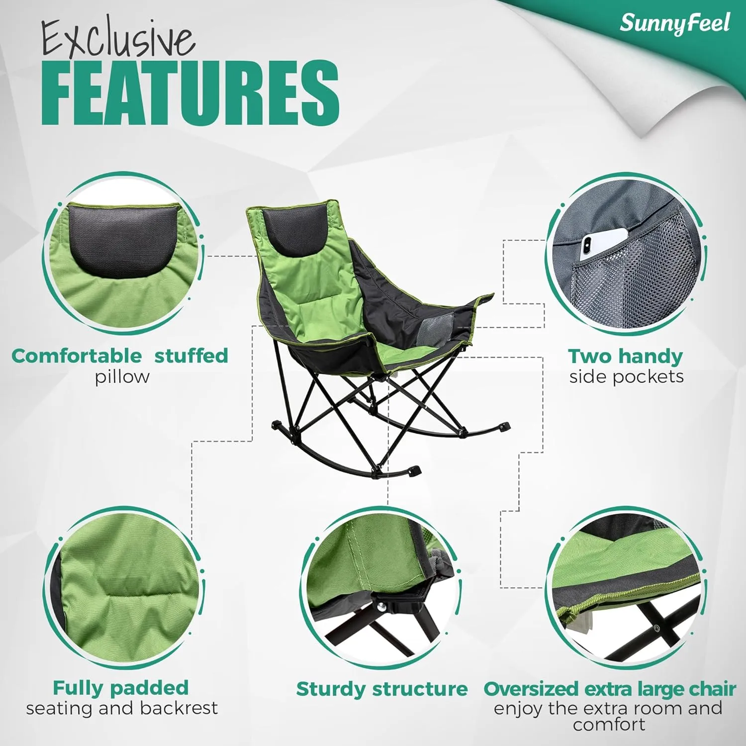 SUNNYFEEL Oversized Rocking Camping Chair, Fully Padded Patio Chair with Side Pocket, High Back Portable Lawn Recliner with Headrest, Outdoor Camp Rocker Chairs for Adults Heavy Duty 500 LBS