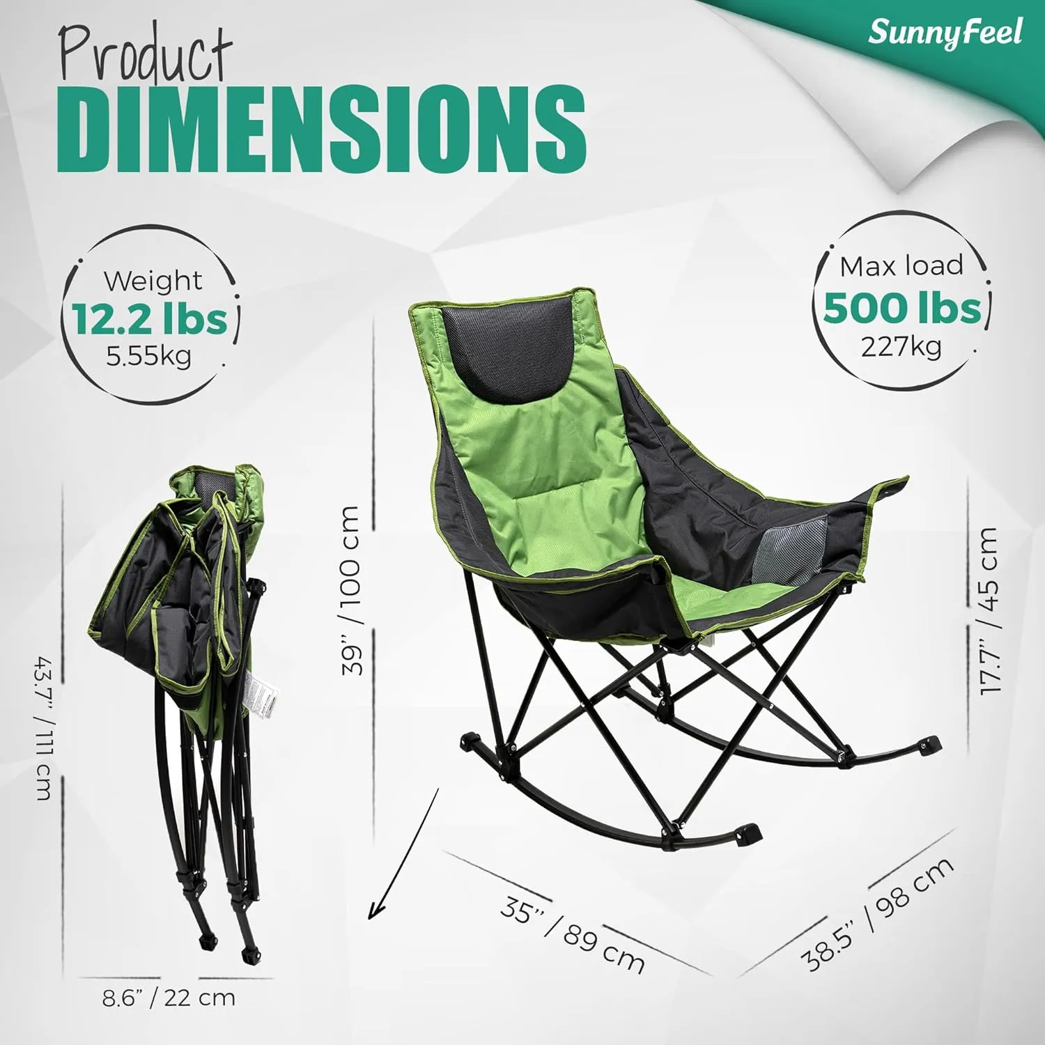 SUNNYFEEL Oversized Rocking Camping Chair, Fully Padded Patio Chair with Side Pocket, High Back Portable Lawn Recliner with Headrest, Outdoor Camp Rocker Chairs for Adults Heavy Duty 500 LBS