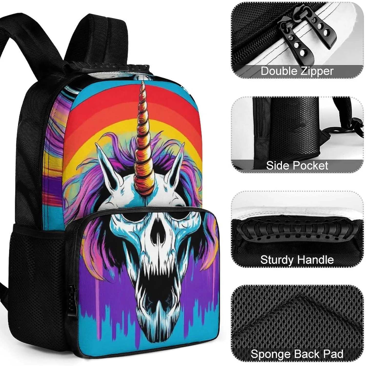 Supdreamc Adults Lightweight Halloween Rainbow Unicorns Zombie Rucksacks Large Capacity Bookbag With Adjustable Shoulder Straps for Trekking Outdoors Bicycle