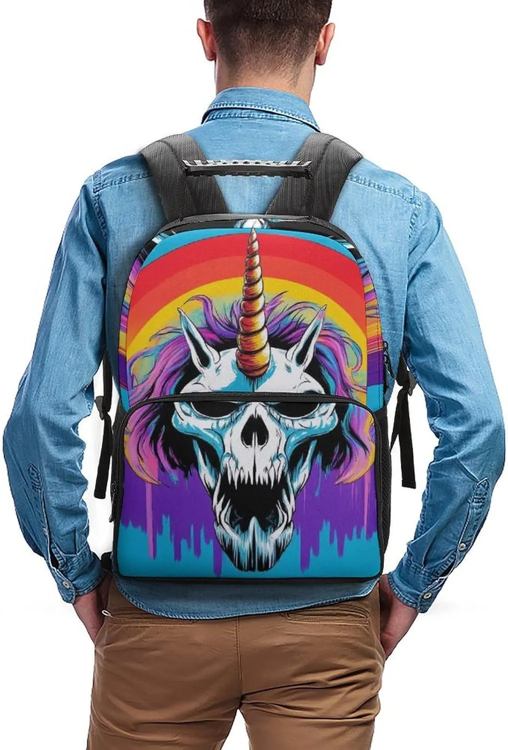 Supdreamc Adults Lightweight Halloween Rainbow Unicorns Zombie Rucksacks Large Capacity Bookbag With Adjustable Shoulder Straps for Trekking Outdoors Bicycle