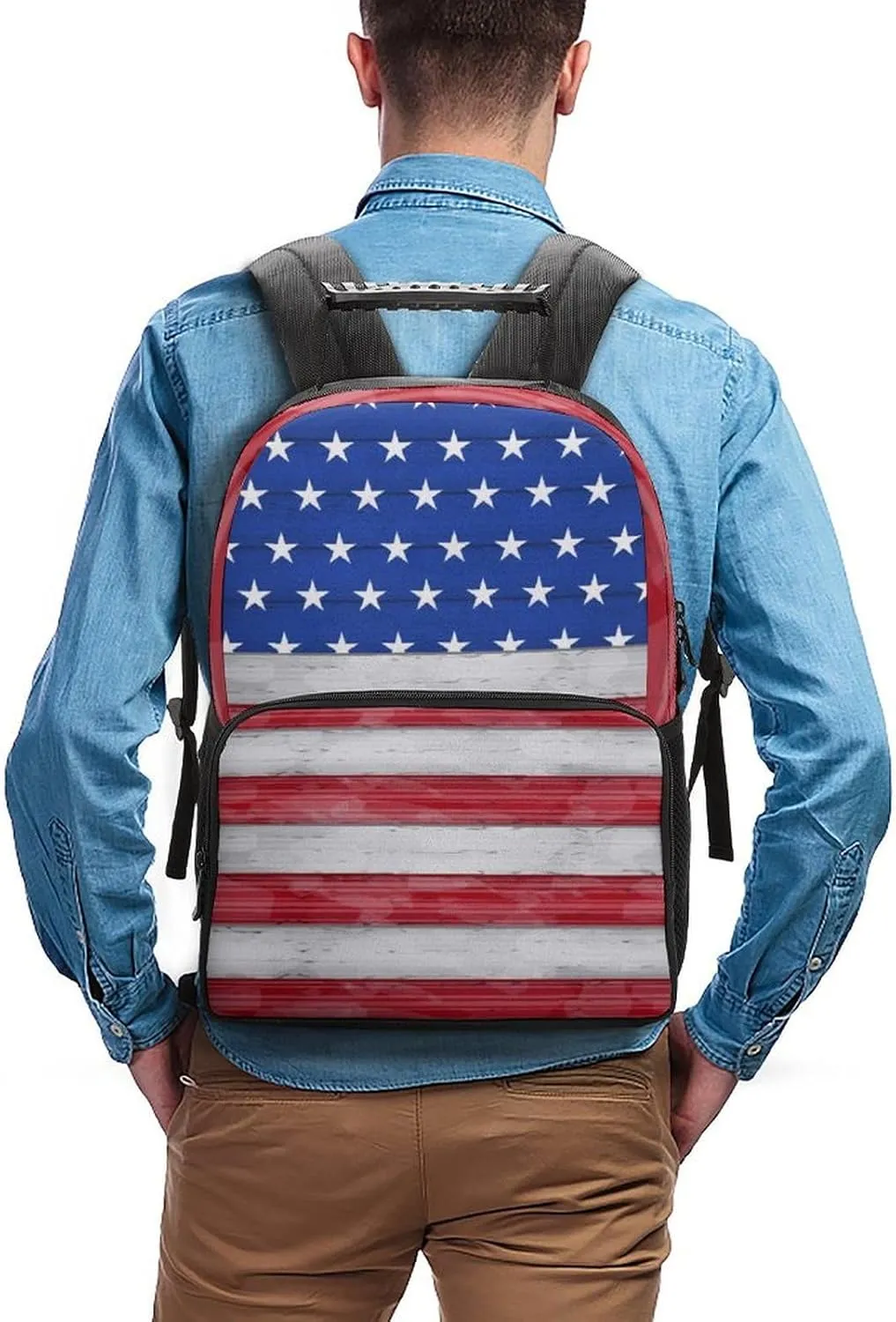 Supdreamc Adults Lightweight Red Blue White American Flag Rucksacks Large Capacity Bookbag With Adjustable Shoulder Straps for Trekking Outdoors Bicycle