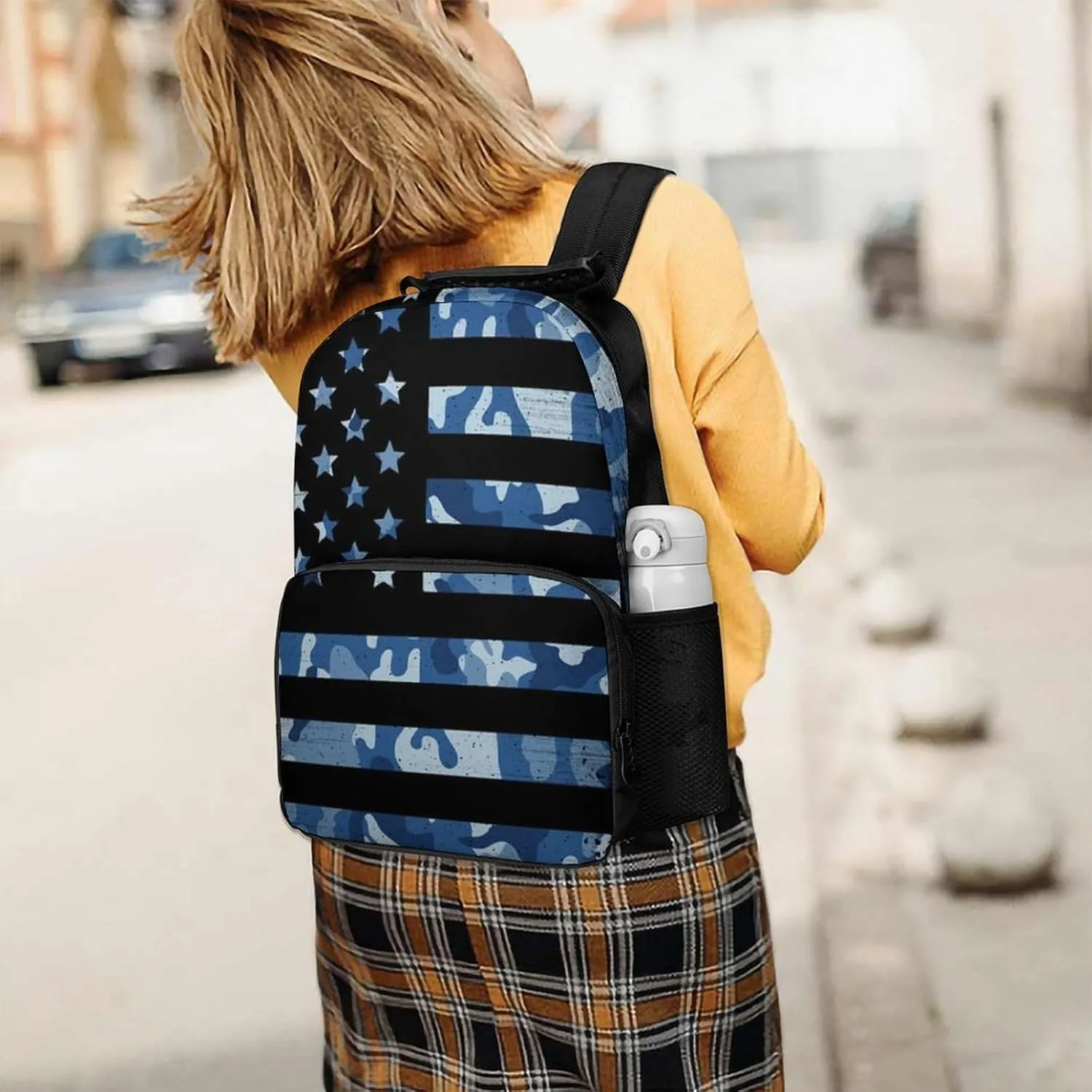 Supdreamc American Flag Patriotic Usa Blue Camo Rucksack Polyester Anti-Theft Multipurpose Carry On Bag Large Capacity Travel and Sport Backpack Rucksack With Smooth Zippers