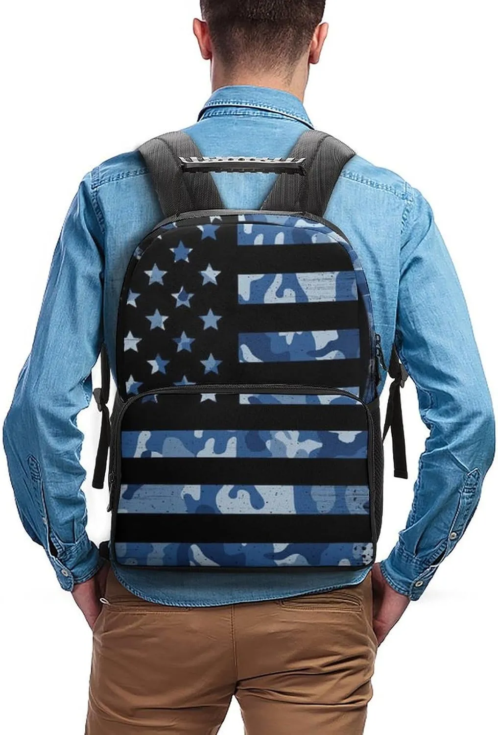 Supdreamc American Flag Patriotic Usa Blue Camo Rucksack Polyester Anti-Theft Multipurpose Carry On Bag Large Capacity Travel and Sport Backpack Rucksack With Smooth Zippers