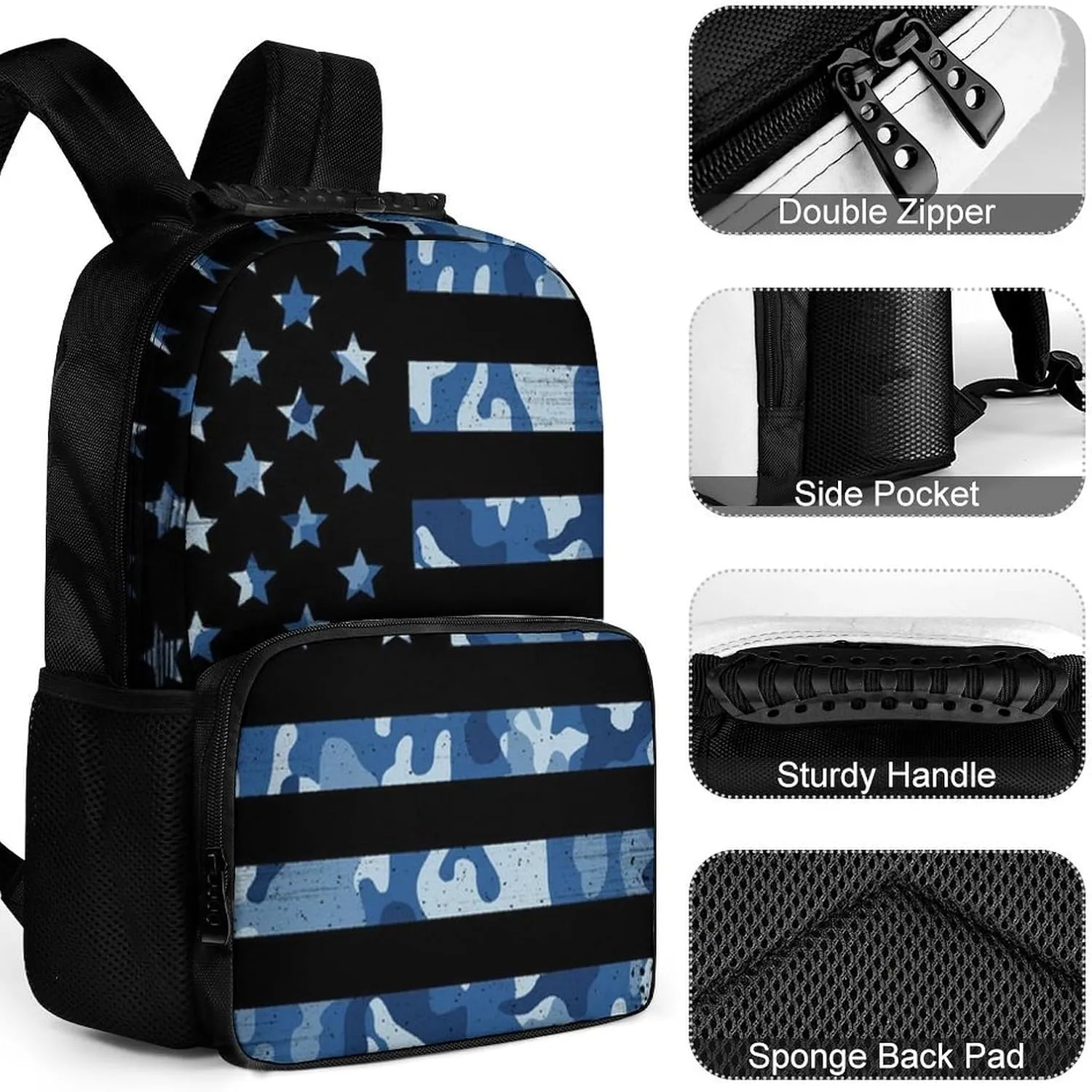 Supdreamc American Flag Patriotic Usa Blue Camo Rucksack Polyester Anti-Theft Multipurpose Carry On Bag Large Capacity Travel and Sport Backpack Rucksack With Smooth Zippers