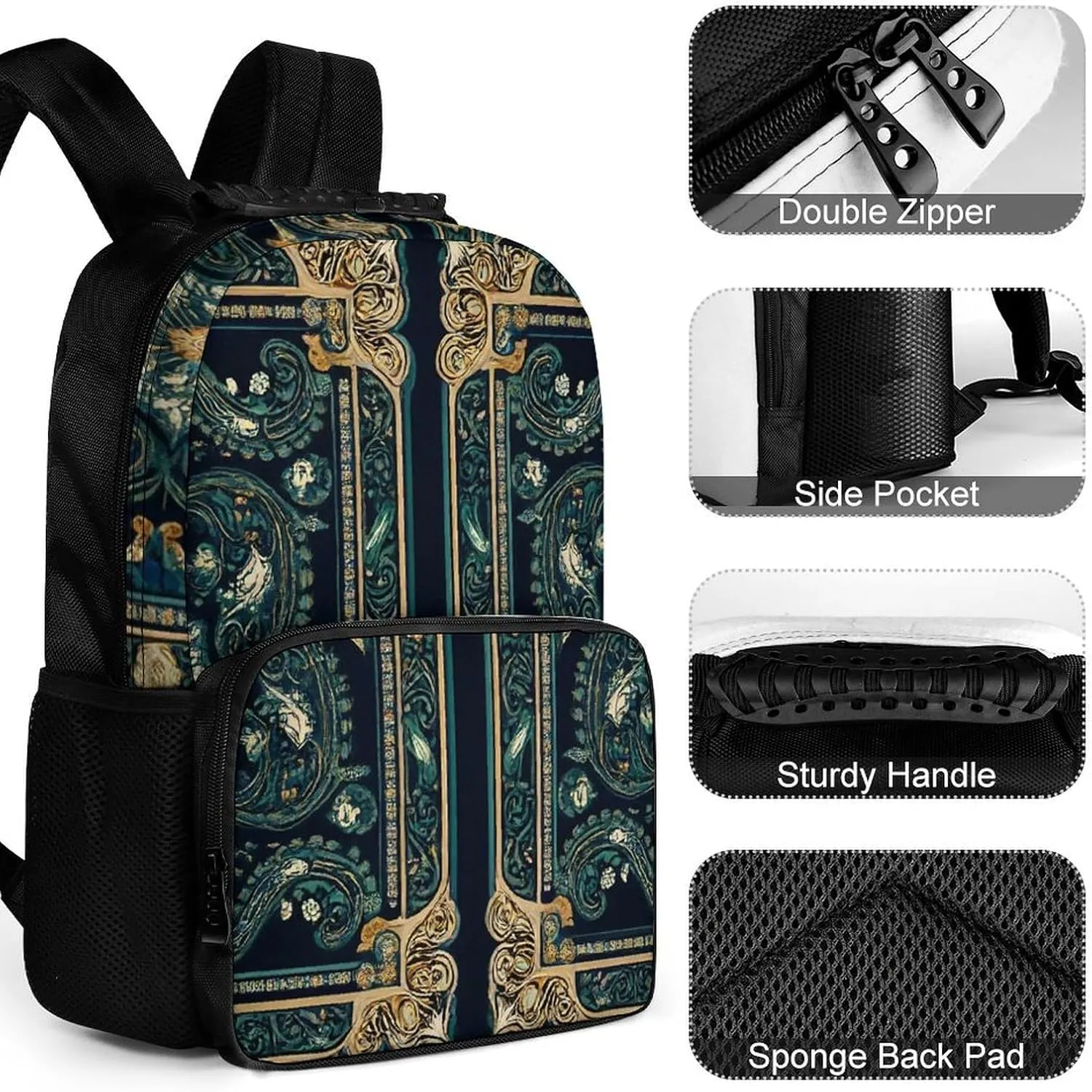 Supdreamc Boho Vintage Paisley Bandana Print Rucksack Polyester Anti-Theft Multipurpose Bookbag Big Capacity Travel and Sport Backpack Rucksack With Side Pockets