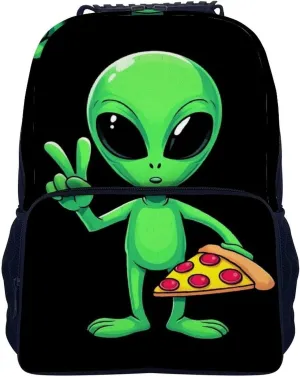 Supdreamc Funny Space Alien Eating Pizza Peace Shoulder Book Bags Polyester Multipurpose Anti-Theft Carry On Bag Large Capacity Travel Hiking & Camping Rucksack