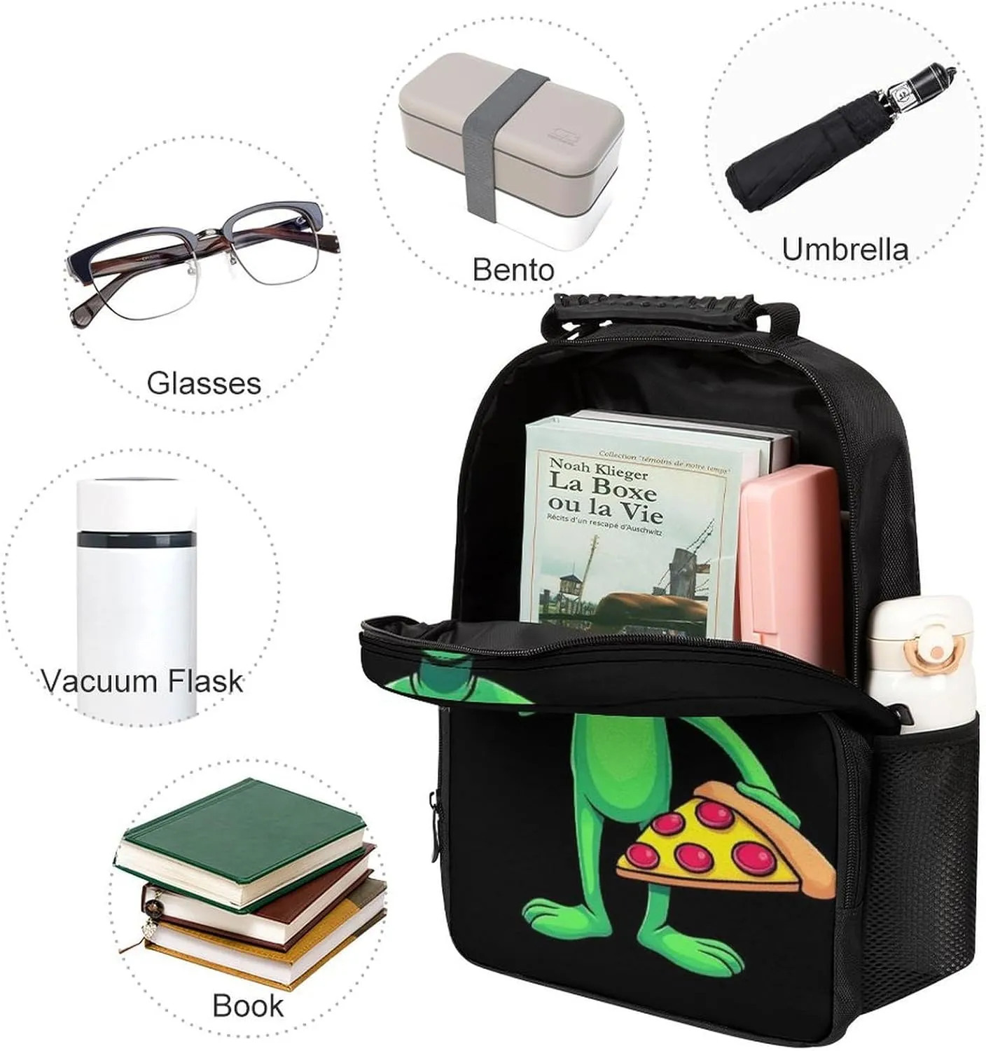 Supdreamc Funny Space Alien Eating Pizza Peace Shoulder Book Bags Polyester Multipurpose Anti-Theft Carry On Bag Large Capacity Travel Hiking & Camping Rucksack