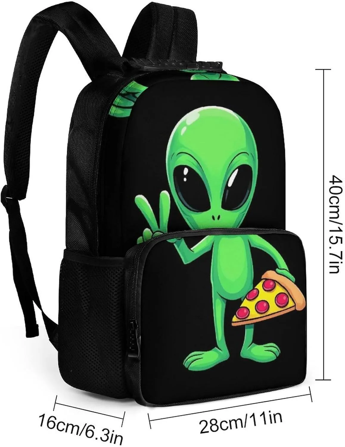 Supdreamc Funny Space Alien Eating Pizza Peace Shoulder Book Bags Polyester Multipurpose Anti-Theft Carry On Bag Large Capacity Travel Hiking & Camping Rucksack