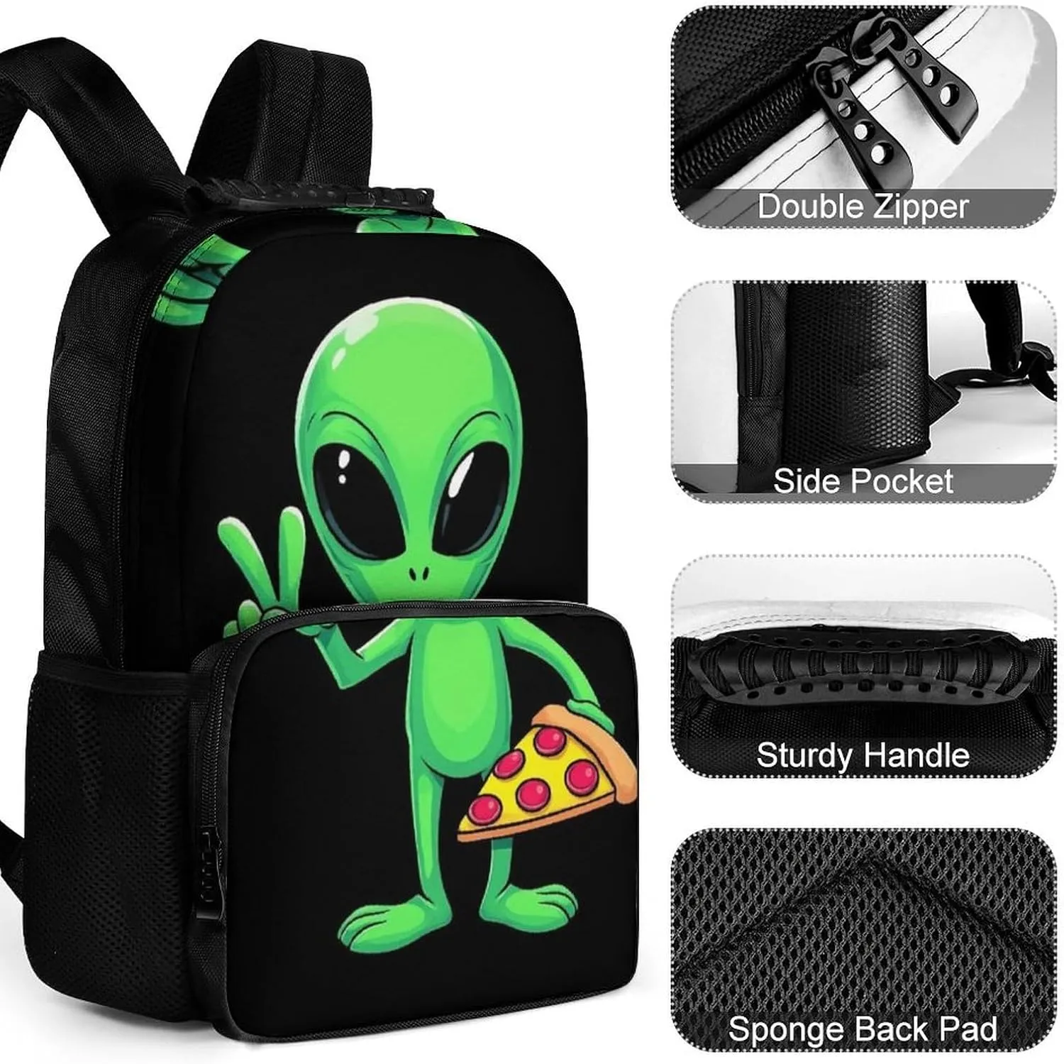 Supdreamc Funny Space Alien Eating Pizza Peace Shoulder Book Bags Polyester Multipurpose Anti-Theft Carry On Bag Large Capacity Travel Hiking & Camping Rucksack