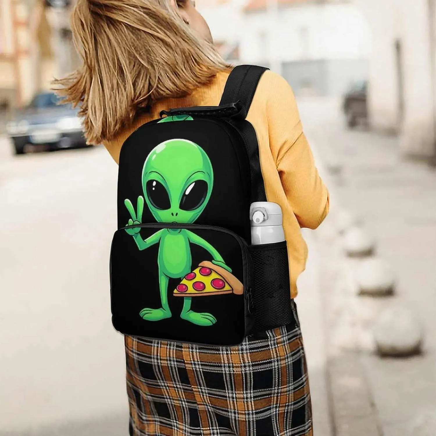 Supdreamc Funny Space Alien Eating Pizza Peace Shoulder Book Bags Polyester Multipurpose Anti-Theft Carry On Bag Large Capacity Travel Hiking & Camping Rucksack