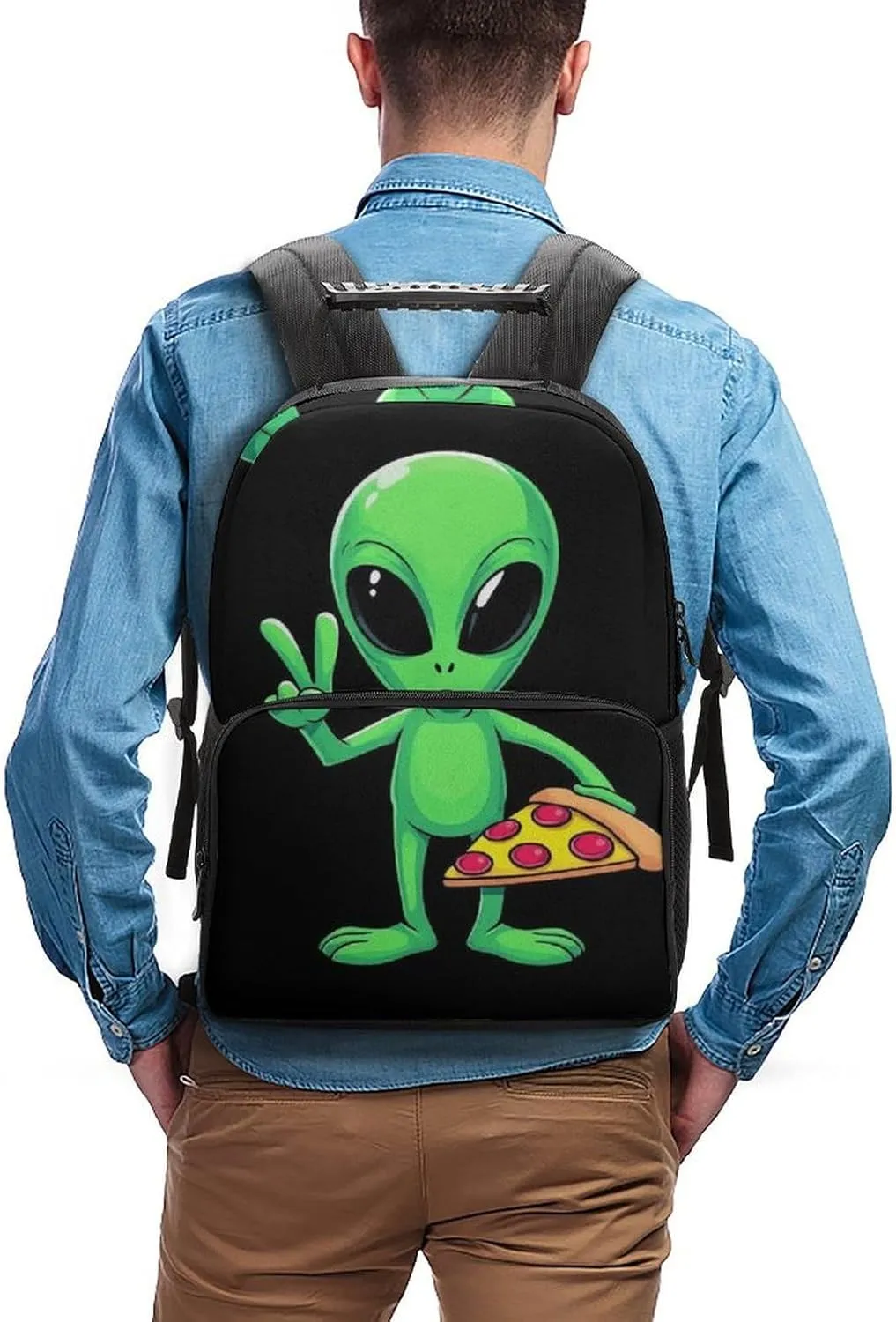 Supdreamc Funny Space Alien Eating Pizza Peace Shoulder Book Bags Polyester Multipurpose Anti-Theft Carry On Bag Large Capacity Travel Hiking & Camping Rucksack