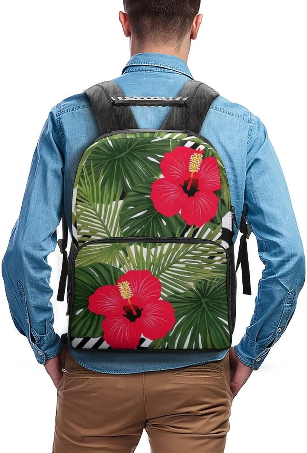 Supdreamc Lightweight Daypack for Camping Business Walking Cycling - Large Capacity Anti-Theft Multipurpose Bookbag, Tropical Palm Leaves Hibiscus Gym Outdoor Hiking Backpack