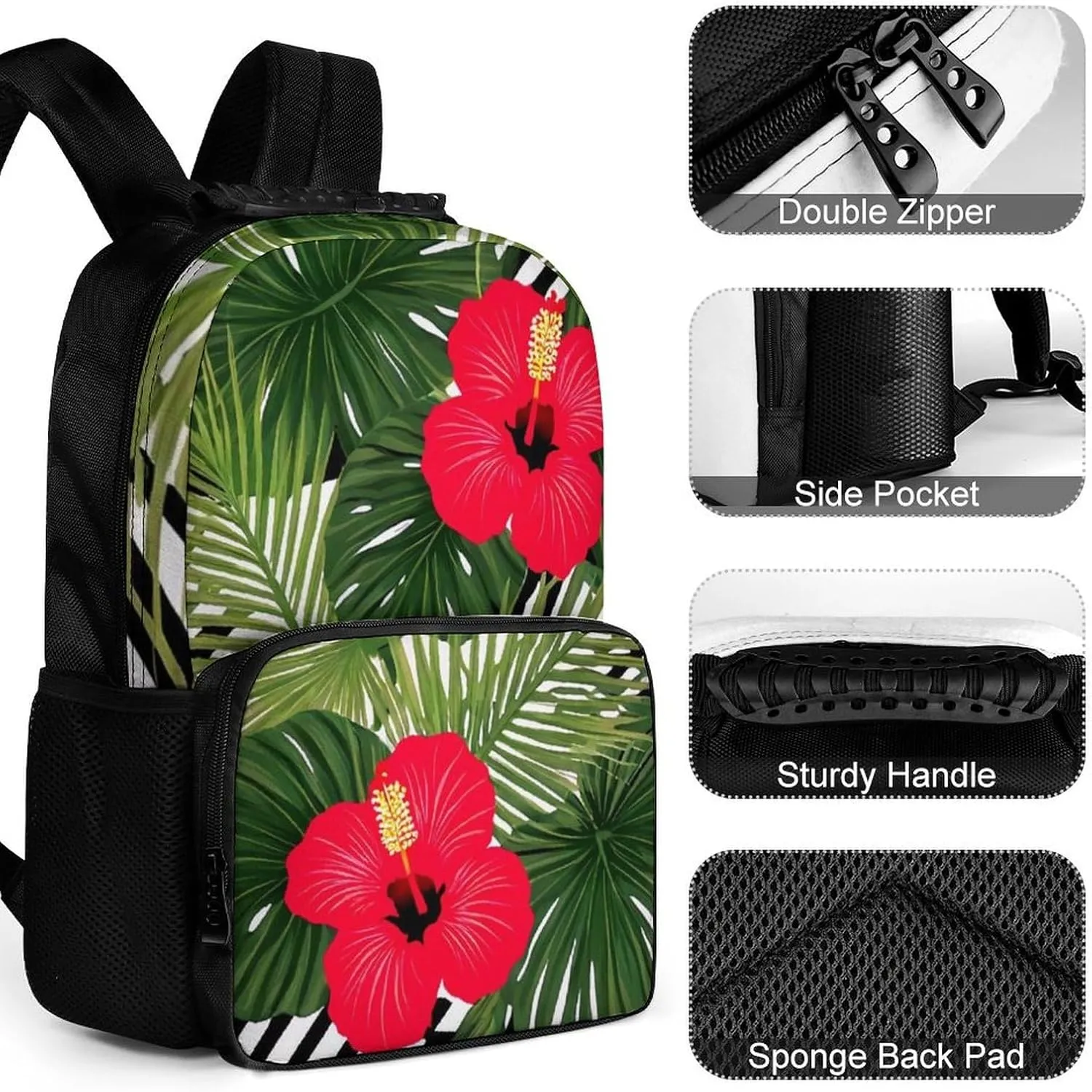 Supdreamc Lightweight Daypack for Camping Business Walking Cycling - Large Capacity Anti-Theft Multipurpose Bookbag, Tropical Palm Leaves Hibiscus Gym Outdoor Hiking Backpack