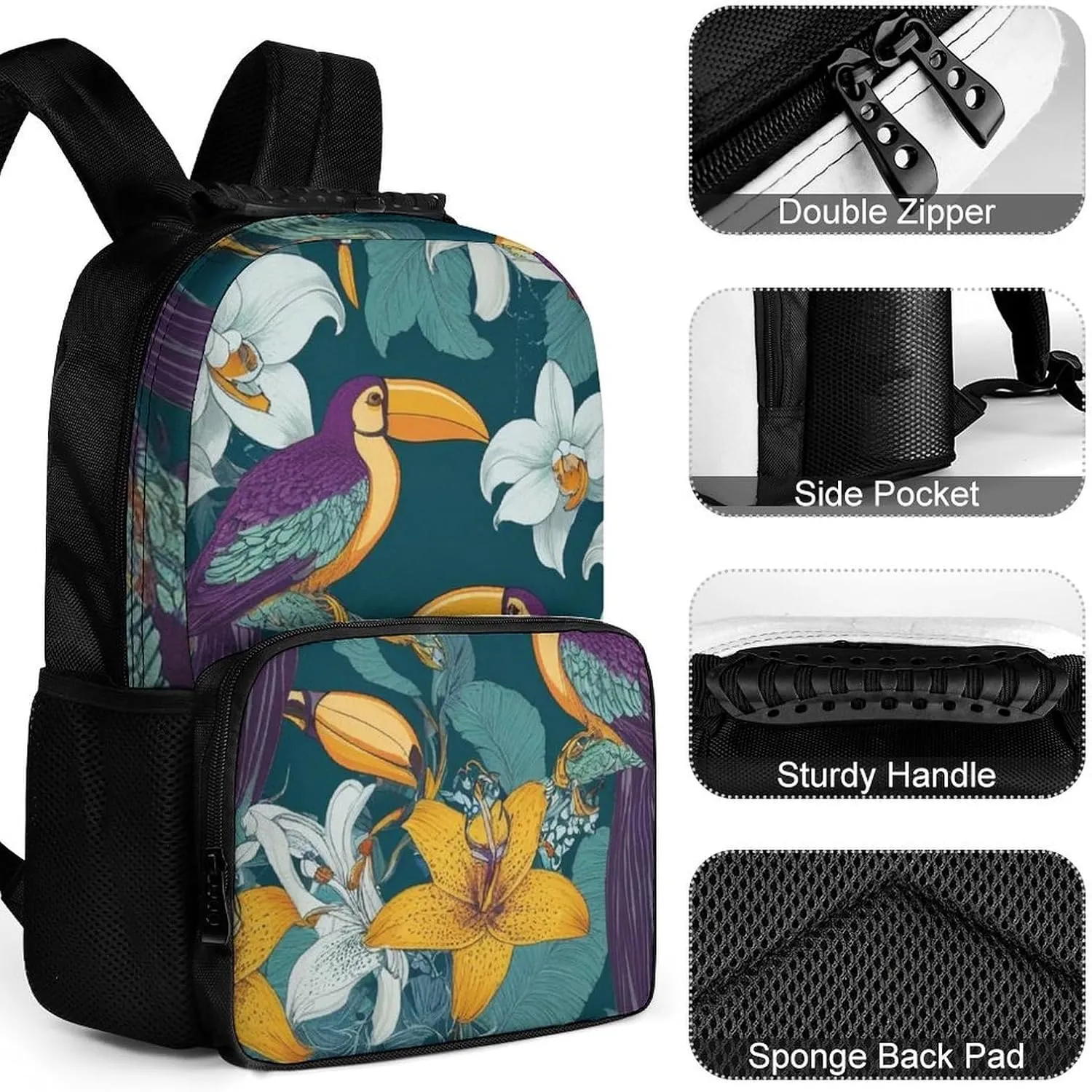 Supdreamc Lightweight Rucksack for Sports Travel Running - Big Capacity Multipurpose Anti-Theft Bookbag, Hornbill Toucan Bird Floral Travel and Sport Backpack Rucksack