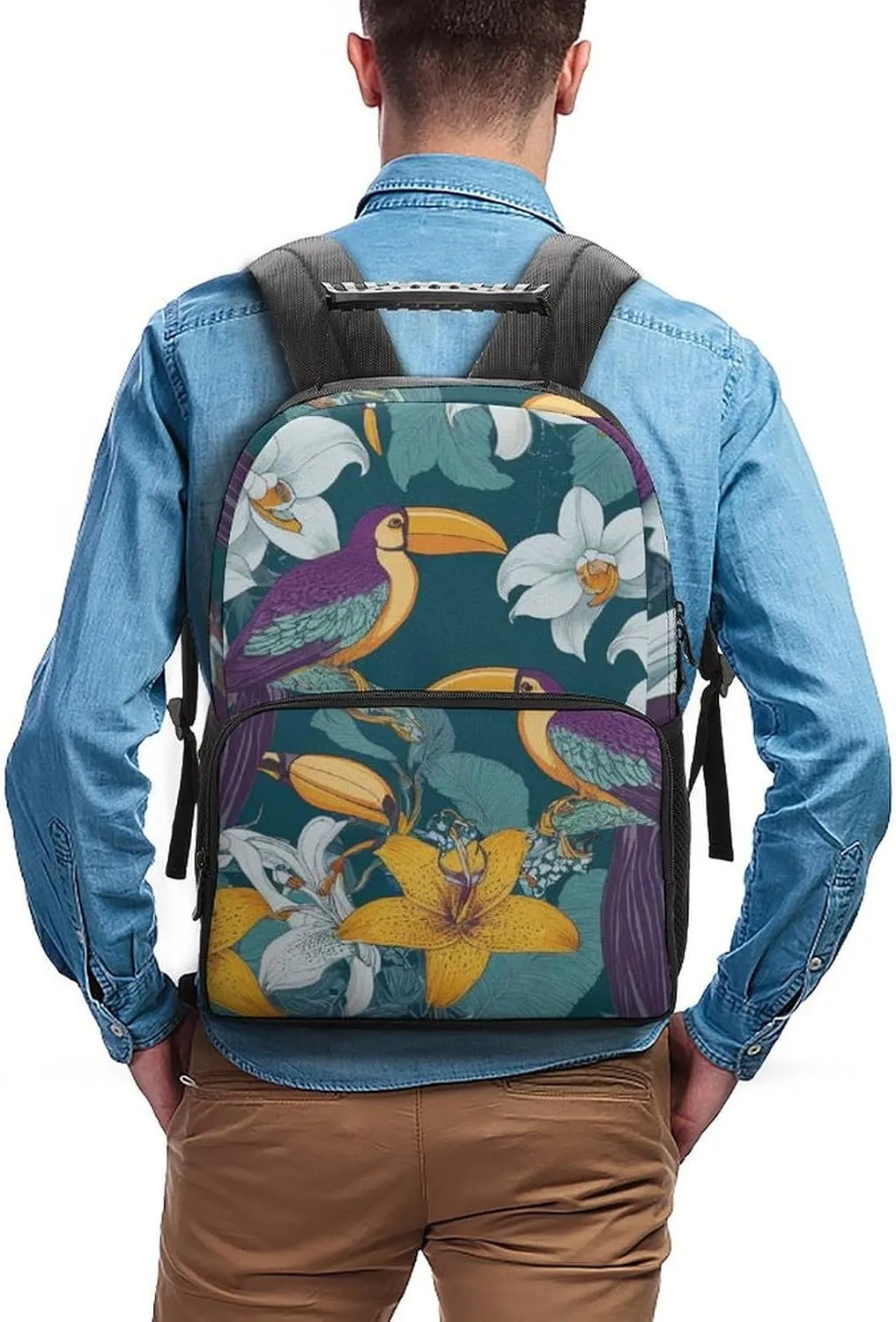 Supdreamc Lightweight Rucksack for Sports Travel Running - Big Capacity Multipurpose Anti-Theft Bookbag, Hornbill Toucan Bird Floral Travel and Sport Backpack Rucksack