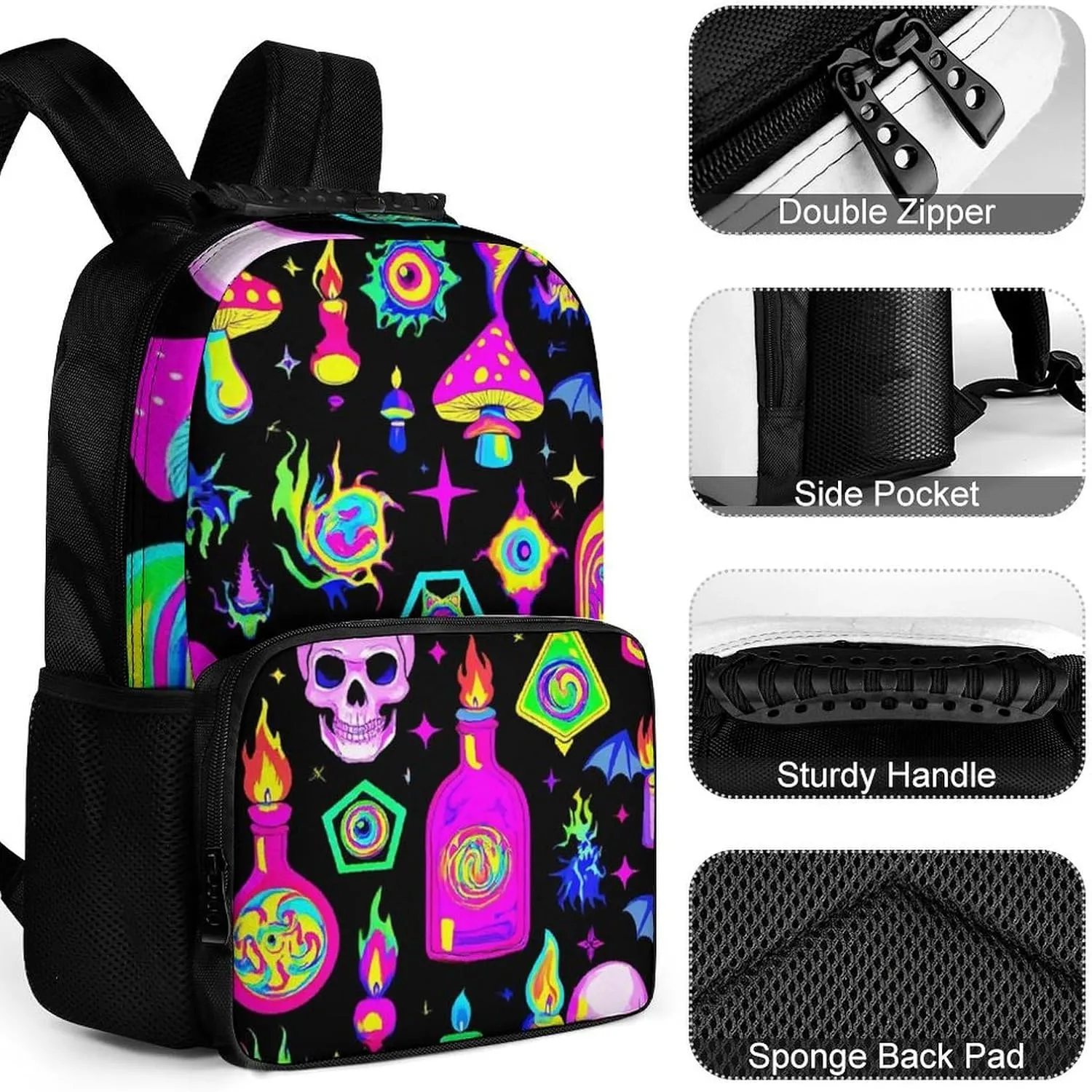 Supdreamc Lightweight Rucksacks for Climbing Outdoors Walking Cycling - Large Capacity Anti-Theft Multipurpose Carry On Bag, Goth Gothic Skull Mushroom Magic Witch Witchy Camping Outdoor Backpack