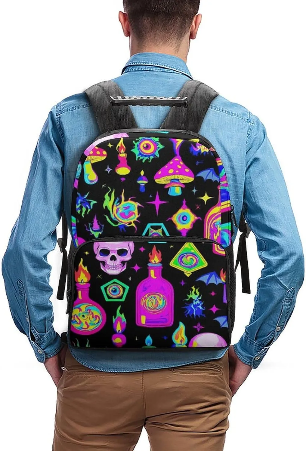 Supdreamc Lightweight Rucksacks for Climbing Outdoors Walking Cycling - Large Capacity Anti-Theft Multipurpose Carry On Bag, Goth Gothic Skull Mushroom Magic Witch Witchy Camping Outdoor Backpack