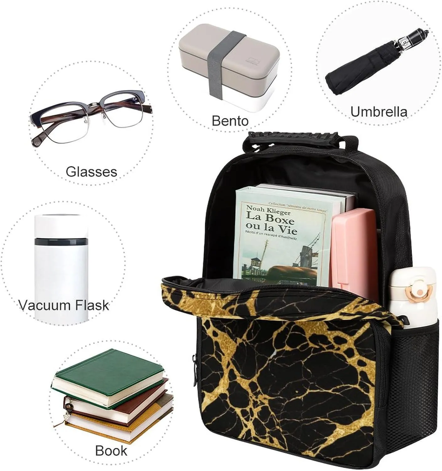Supdreamc Men & Women Lightweight Black Marble Gold Texture Art Casual Daypack Large Capacity Bookbag With Adjustable Shoulder Straps for Gym Business Bicycle