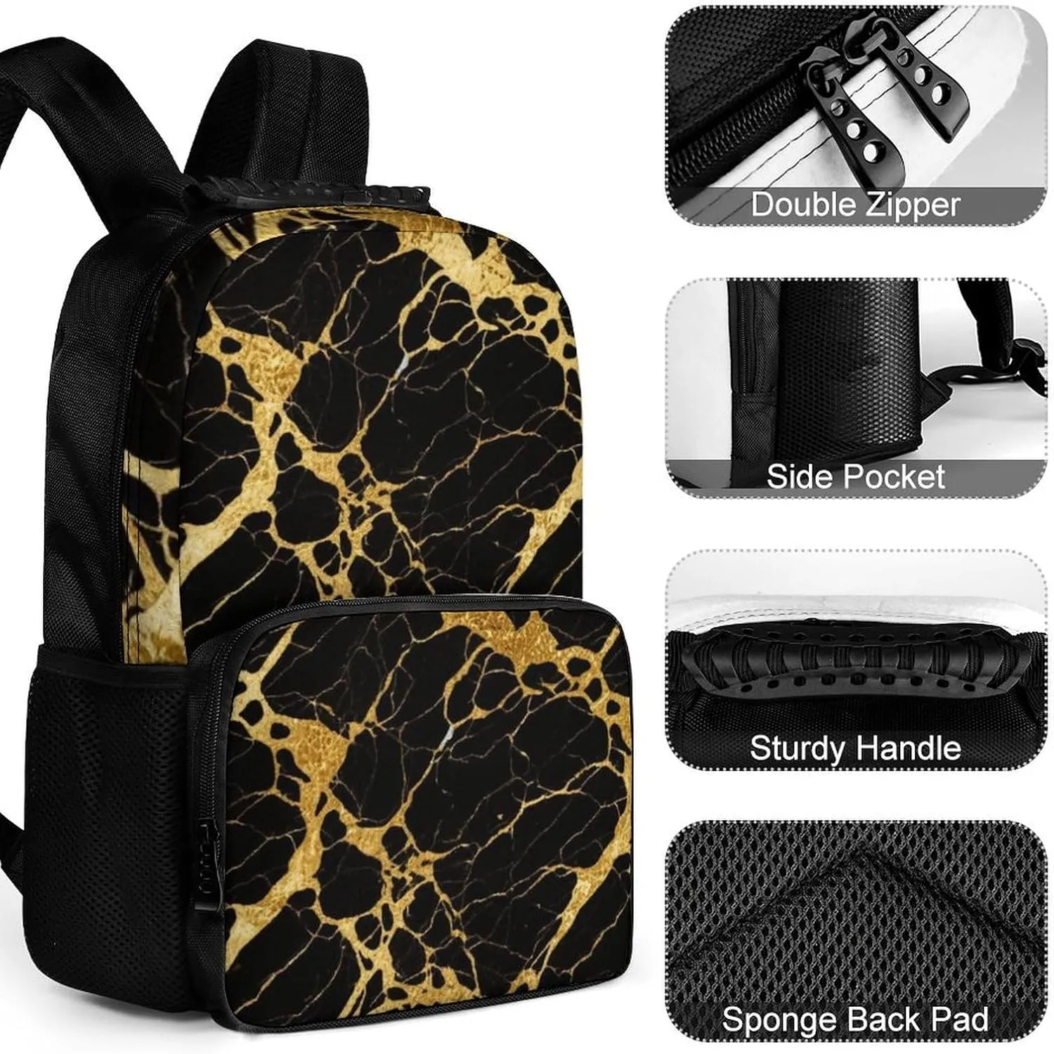 Supdreamc Men & Women Lightweight Black Marble Gold Texture Art Casual Daypack Large Capacity Bookbag With Adjustable Shoulder Straps for Gym Business Bicycle