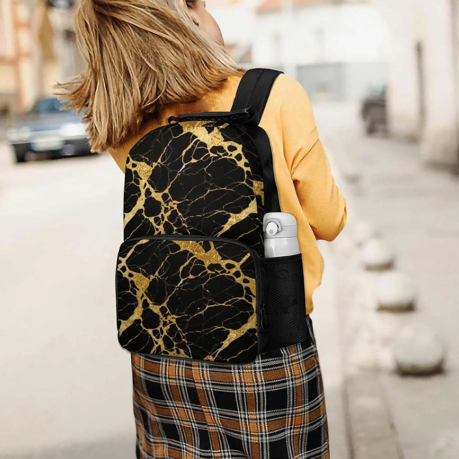 Supdreamc Men & Women Lightweight Black Marble Gold Texture Art Casual Daypack Large Capacity Bookbag With Adjustable Shoulder Straps for Gym Business Bicycle