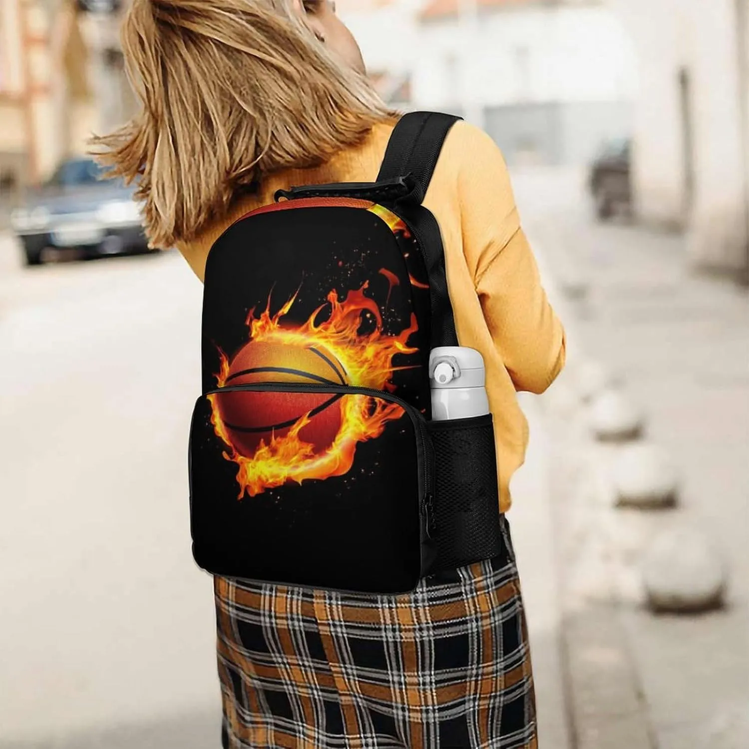 Supdreamc Men & Women Lightweight Burnning Fire Basketball Black Casual Daypack Large Capacity Bookbag With Adjustable Shoulder Straps for Gym Business Bicycle