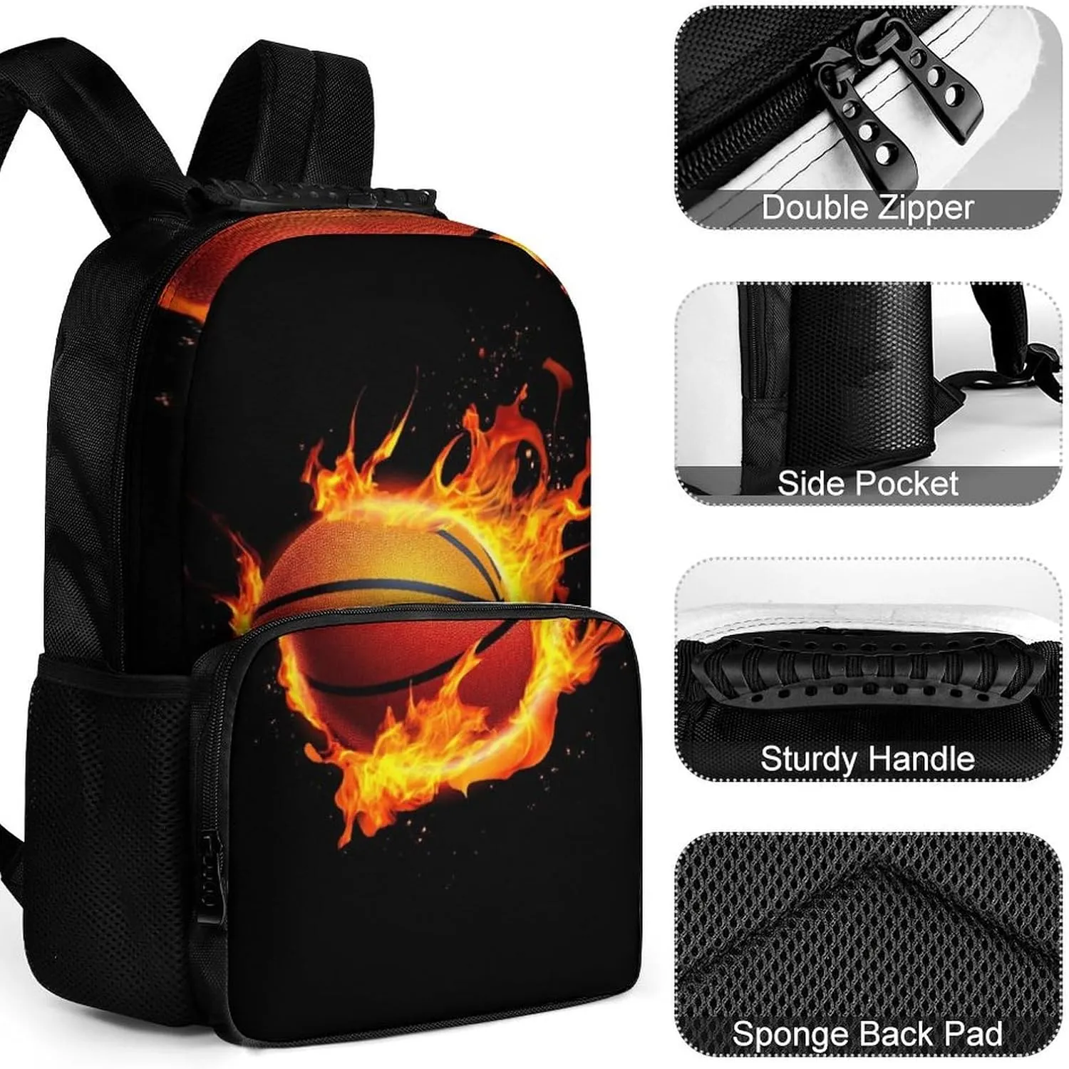 Supdreamc Men & Women Lightweight Burnning Fire Basketball Black Casual Daypack Large Capacity Bookbag With Adjustable Shoulder Straps for Gym Business Bicycle