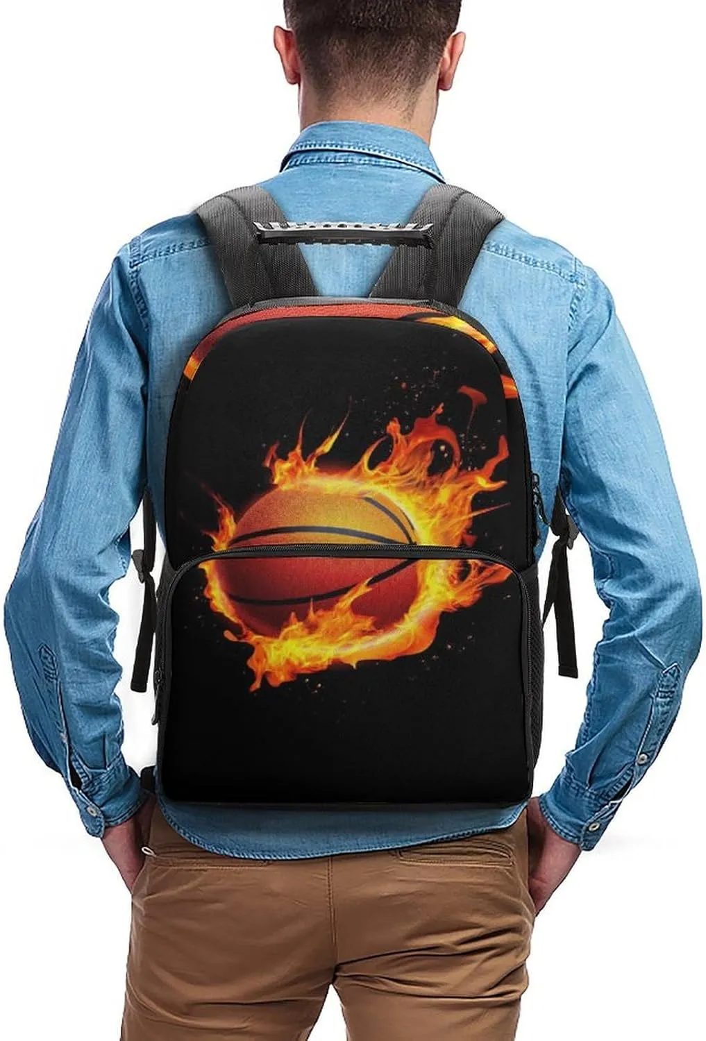 Supdreamc Men & Women Lightweight Burnning Fire Basketball Black Casual Daypack Large Capacity Bookbag With Adjustable Shoulder Straps for Gym Business Bicycle