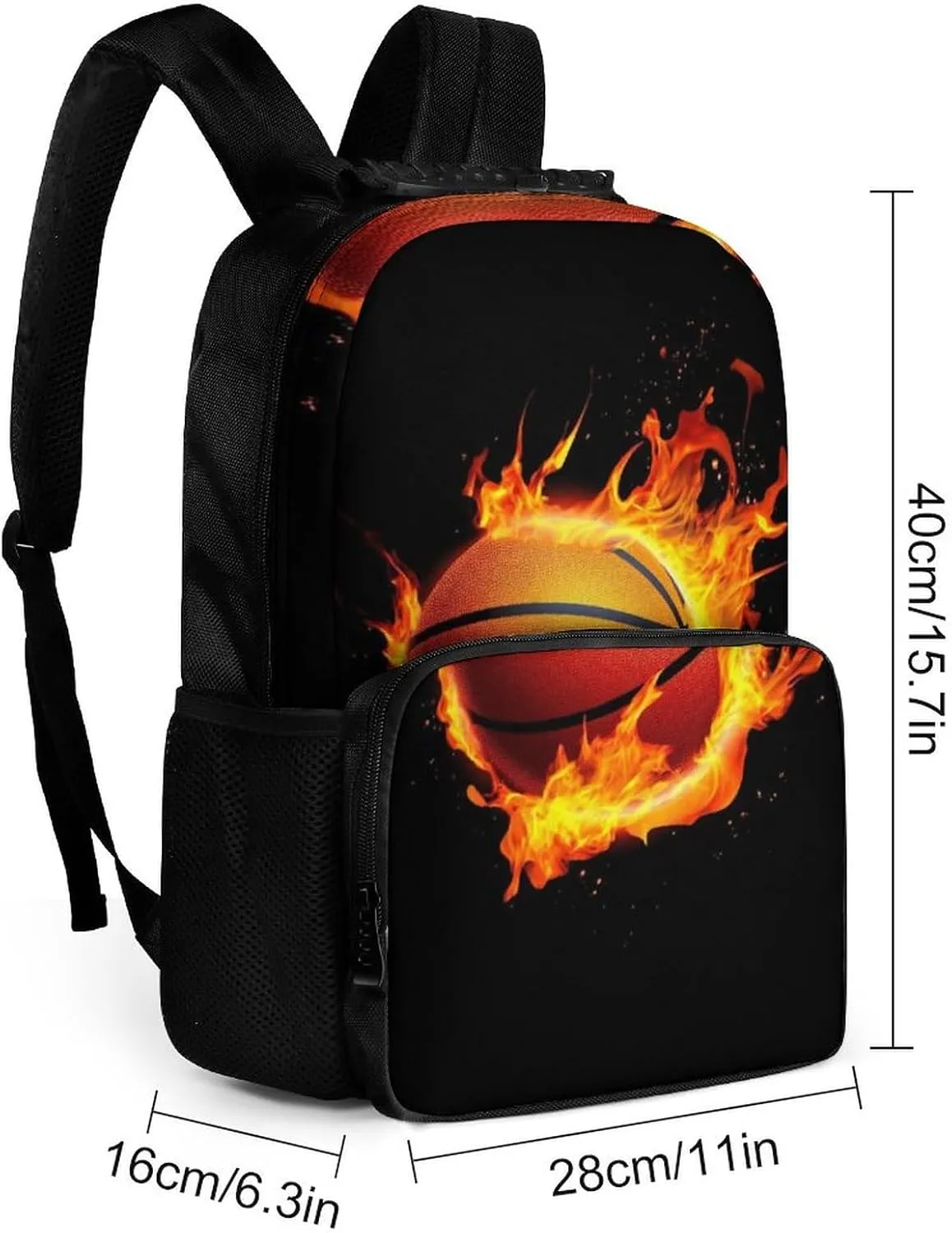 Supdreamc Men & Women Lightweight Burnning Fire Basketball Black Casual Daypack Large Capacity Bookbag With Adjustable Shoulder Straps for Gym Business Bicycle
