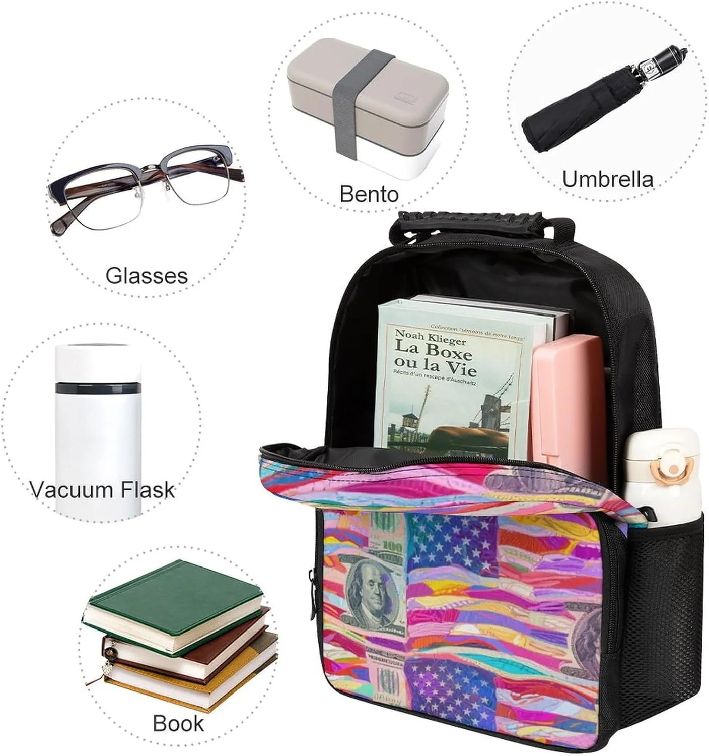 Supdreamc Men Women Lightweight American Flag Money Colorful Bill Dollars Art Daypack Bookbag Big Capacity Carry On Bag With Side Pockets for Camping Travel Bicycle