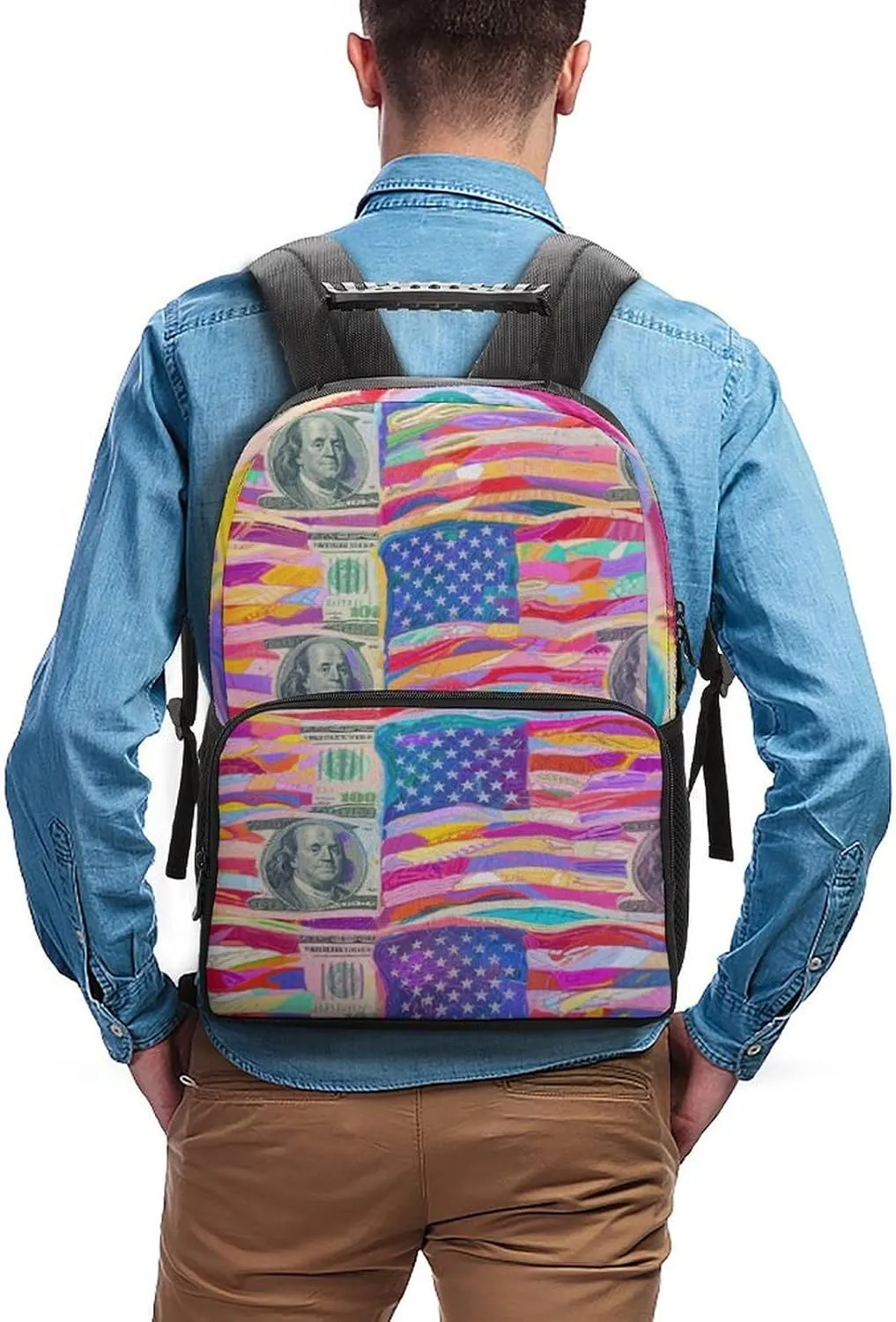 Supdreamc Men Women Lightweight American Flag Money Colorful Bill Dollars Art Daypack Bookbag Big Capacity Carry On Bag With Side Pockets for Camping Travel Bicycle