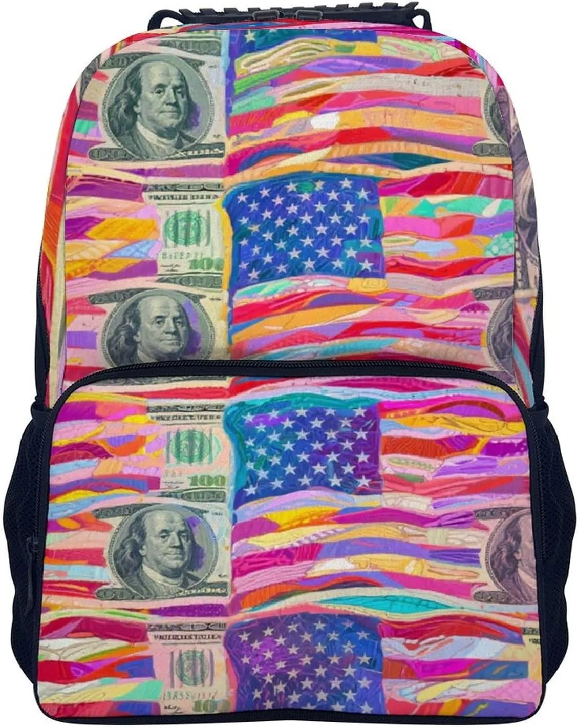 Supdreamc Men Women Lightweight American Flag Money Colorful Bill Dollars Art Daypack Bookbag Big Capacity Carry On Bag With Side Pockets for Camping Travel Bicycle