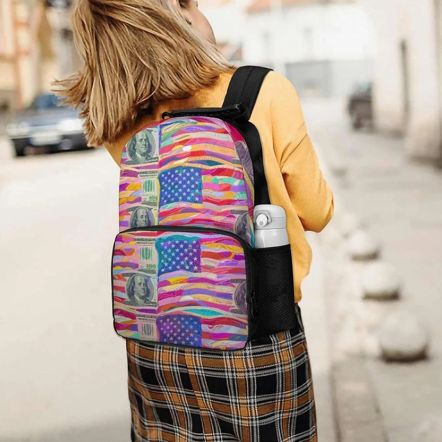 Supdreamc Men Women Lightweight American Flag Money Colorful Bill Dollars Art Daypack Bookbag Big Capacity Carry On Bag With Side Pockets for Camping Travel Bicycle