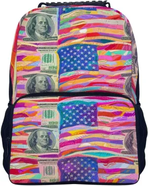 Supdreamc Men Women Lightweight American Flag Money Colorful Bill Dollars Art Daypack Bookbag Big Capacity Carry On Bag With Side Pockets for Camping Travel Bicycle