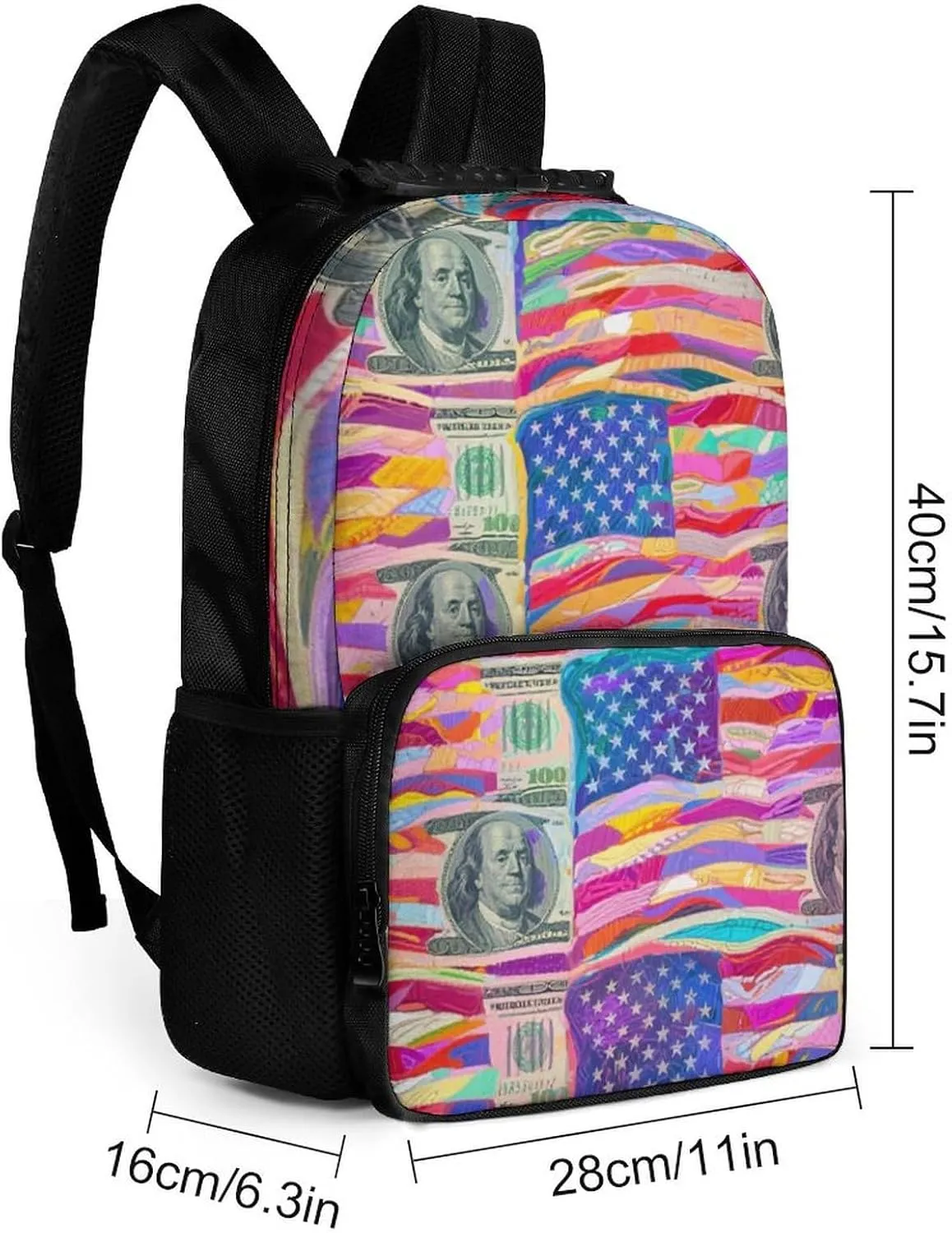 Supdreamc Men Women Lightweight American Flag Money Colorful Bill Dollars Art Daypack Bookbag Big Capacity Carry On Bag With Side Pockets for Camping Travel Bicycle