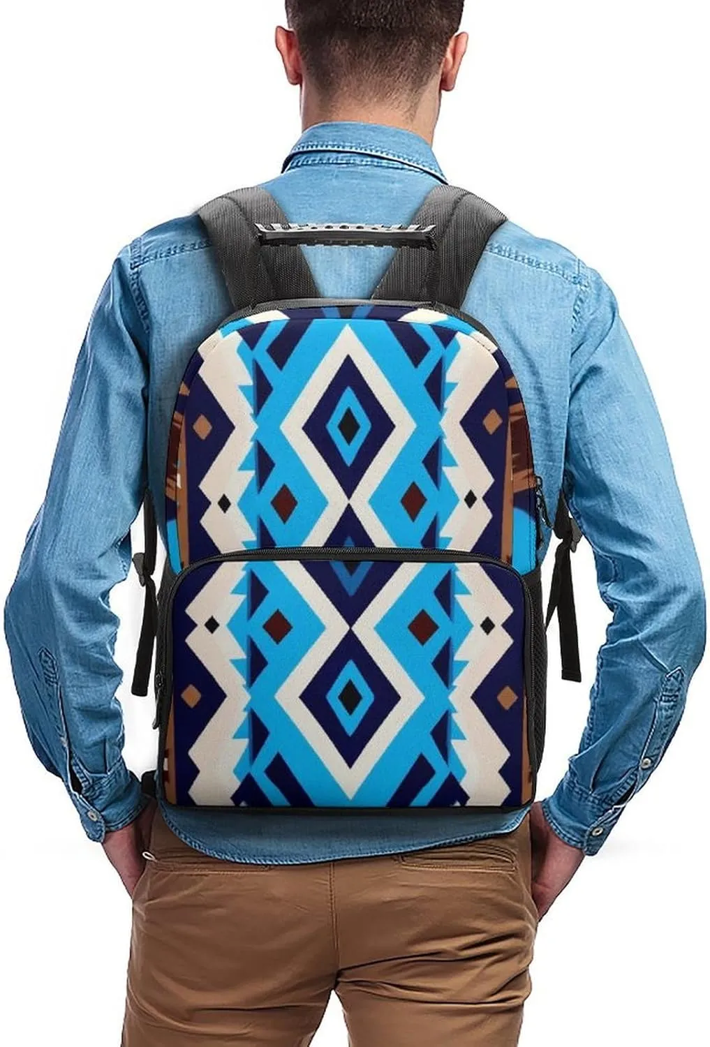 Supdreamc Men Women Lightweight Blue Geometric Tribal Navajo Aztec Ethnic Casual Daypack Big Capacity Bookbag With Padded Straps for Gym Travel Walking Cycling