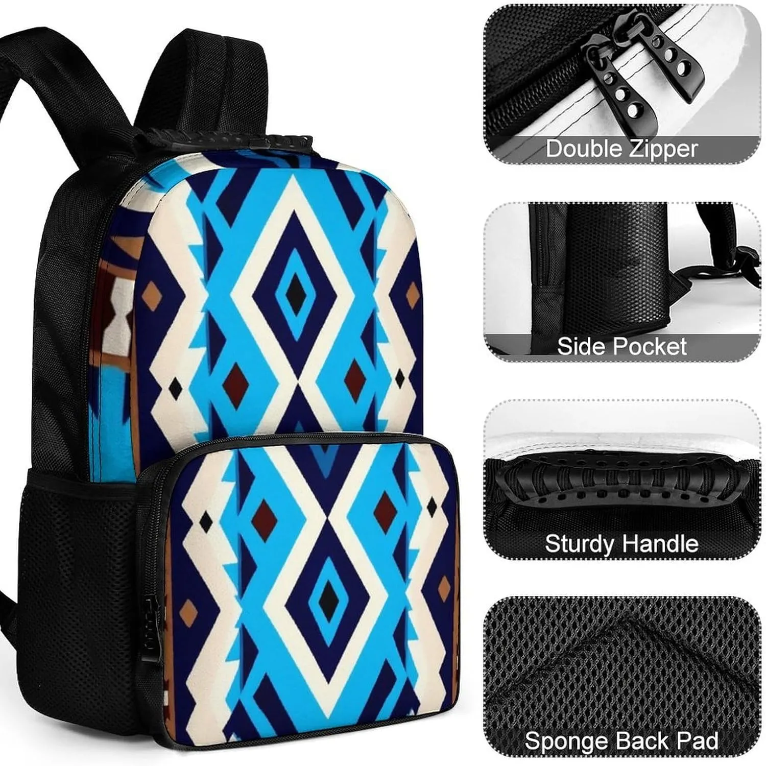 Supdreamc Men Women Lightweight Blue Geometric Tribal Navajo Aztec Ethnic Casual Daypack Big Capacity Bookbag With Padded Straps for Gym Travel Walking Cycling