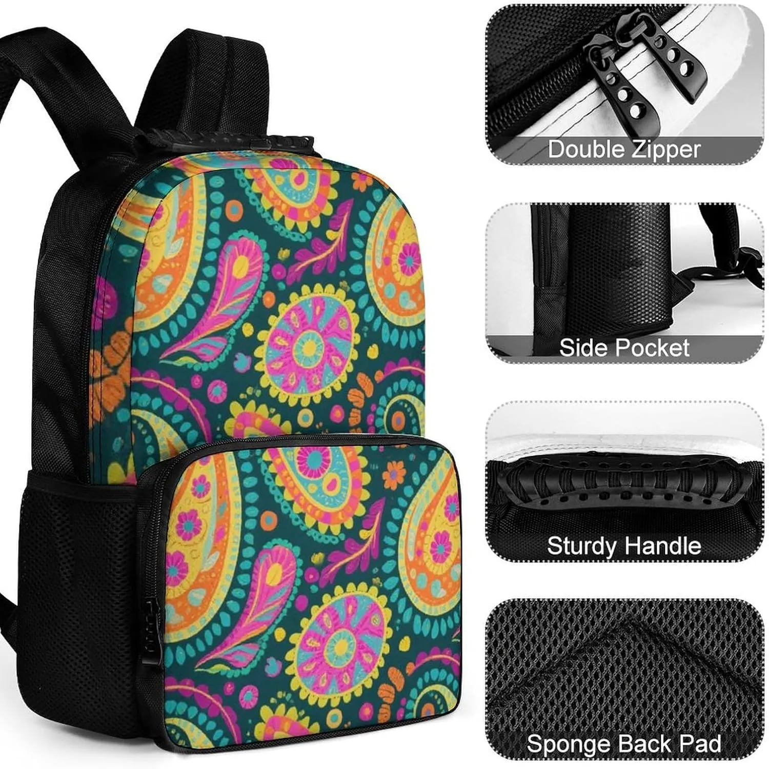 Supdreamc Men Women Lightweight Colorful Flowers Leaves Paisley Art Backpack Large Capacity Carry On Bag With Padded Straps for Sports Work Walking Cycling