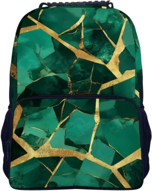 Supdreamc Men Women Lightweight Emerald Green Marbled Gold Glitters Green Marble Daypack Bookbag Big Capacity Carry On Bag With Side Pockets for Camping Travel Bicycle