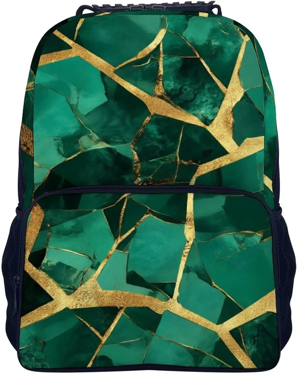 Supdreamc Men Women Lightweight Emerald Green Marbled Gold Glitters Green Marble Daypack Bookbag Big Capacity Carry On Bag With Side Pockets for Camping Travel Bicycle