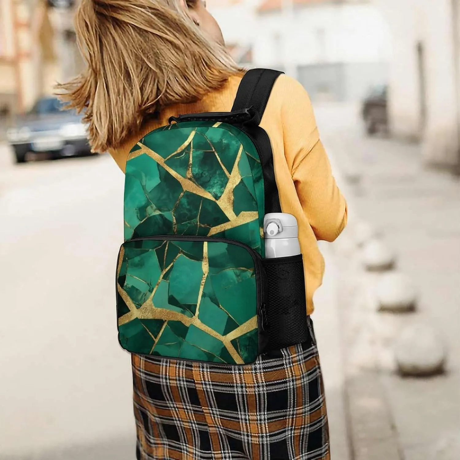 Supdreamc Men Women Lightweight Emerald Green Marbled Gold Glitters Green Marble Daypack Bookbag Big Capacity Carry On Bag With Side Pockets for Camping Travel Bicycle