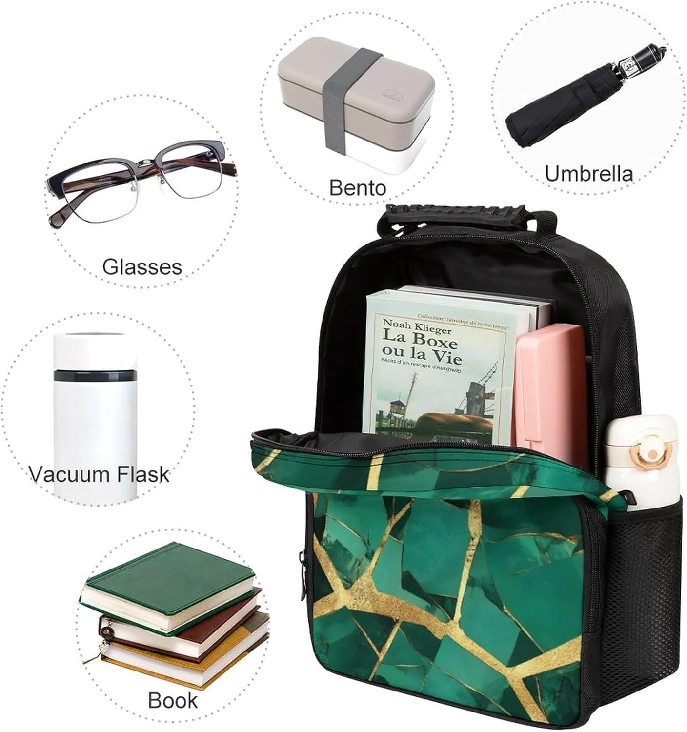 Supdreamc Men Women Lightweight Emerald Green Marbled Gold Glitters Green Marble Daypack Bookbag Big Capacity Carry On Bag With Side Pockets for Camping Travel Bicycle