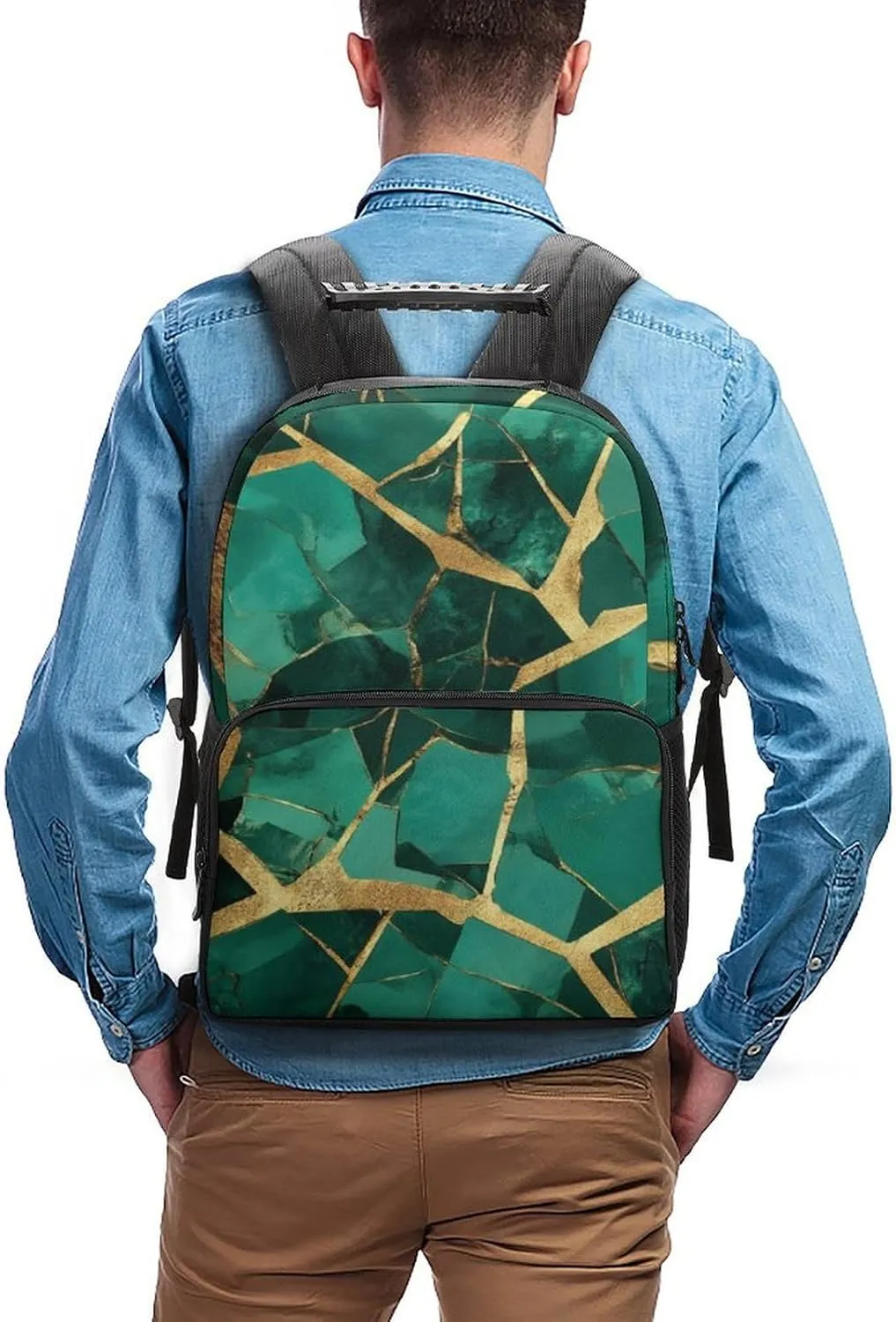 Supdreamc Men Women Lightweight Emerald Green Marbled Gold Glitters Green Marble Daypack Bookbag Big Capacity Carry On Bag With Side Pockets for Camping Travel Bicycle