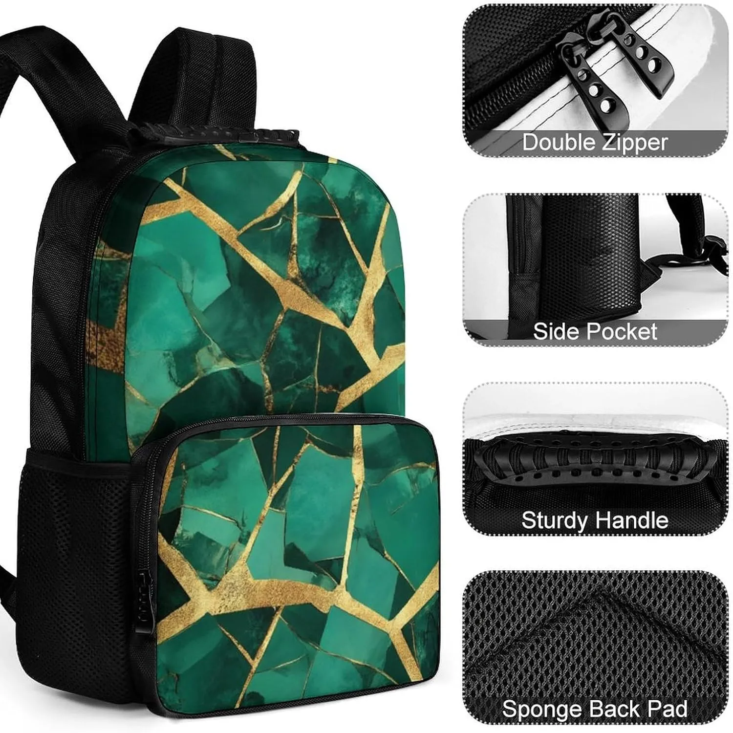 Supdreamc Men Women Lightweight Emerald Green Marbled Gold Glitters Green Marble Daypack Bookbag Big Capacity Carry On Bag With Side Pockets for Camping Travel Bicycle