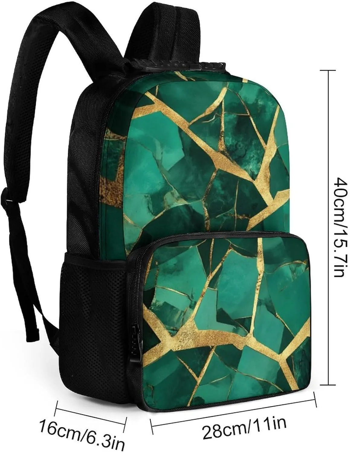 Supdreamc Men Women Lightweight Emerald Green Marbled Gold Glitters Green Marble Daypack Bookbag Big Capacity Carry On Bag With Side Pockets for Camping Travel Bicycle