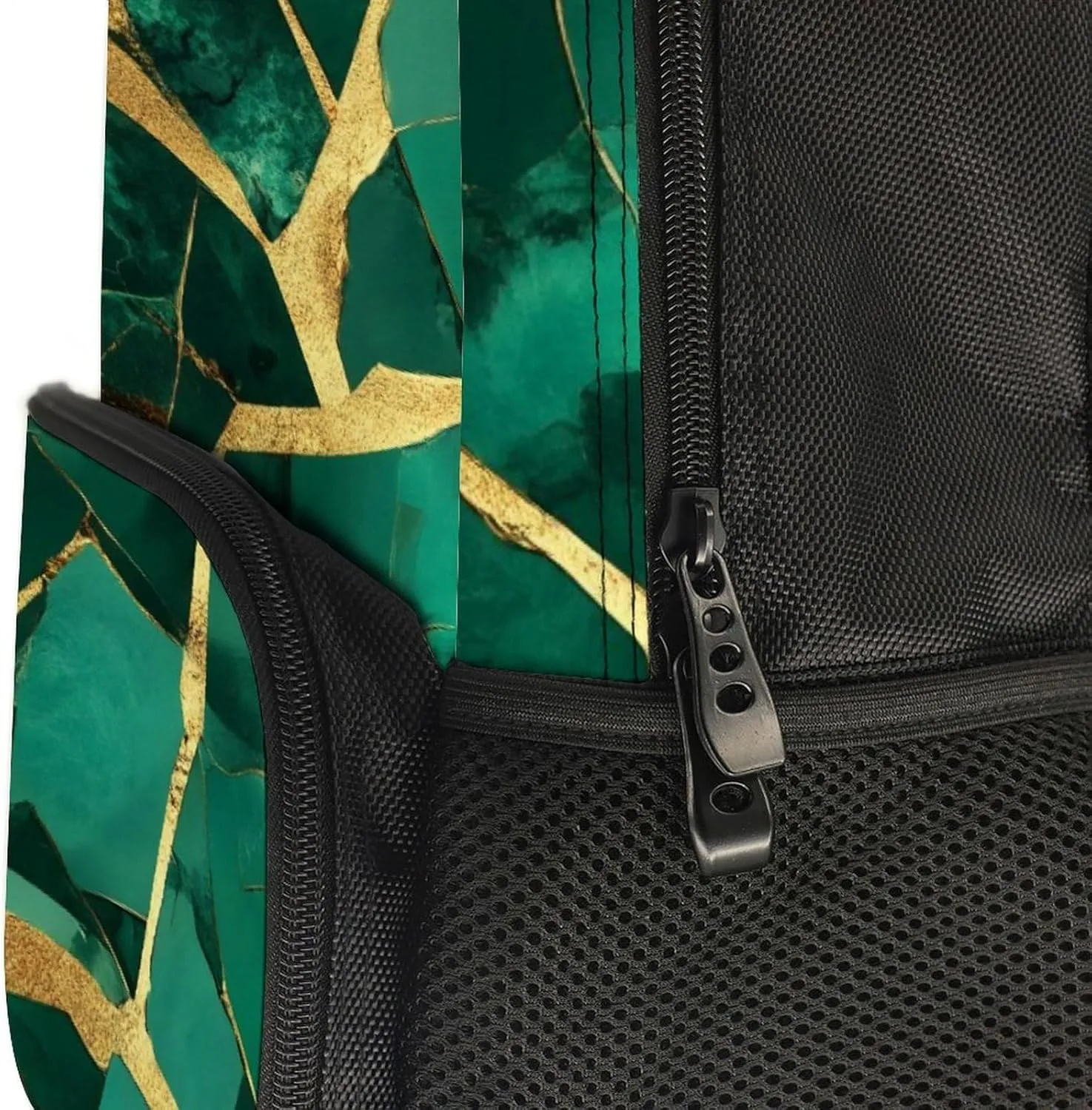 Supdreamc Men Women Lightweight Emerald Green Marbled Gold Glitters Green Marble Daypack Bookbag Big Capacity Carry On Bag With Side Pockets for Camping Travel Bicycle