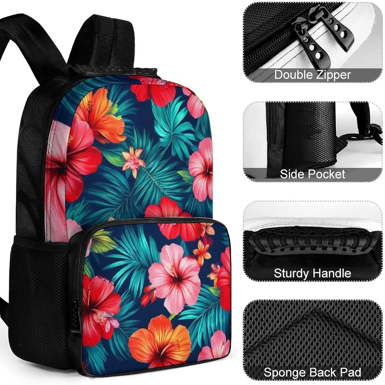 Supdreamc Men Women Lightweight Hawaiian Colorful Hibiscus Flowers Tropical Palm Tree Leaves Backpack Large Capacity Bookbag With Smooth Zippers for Gym Business Running