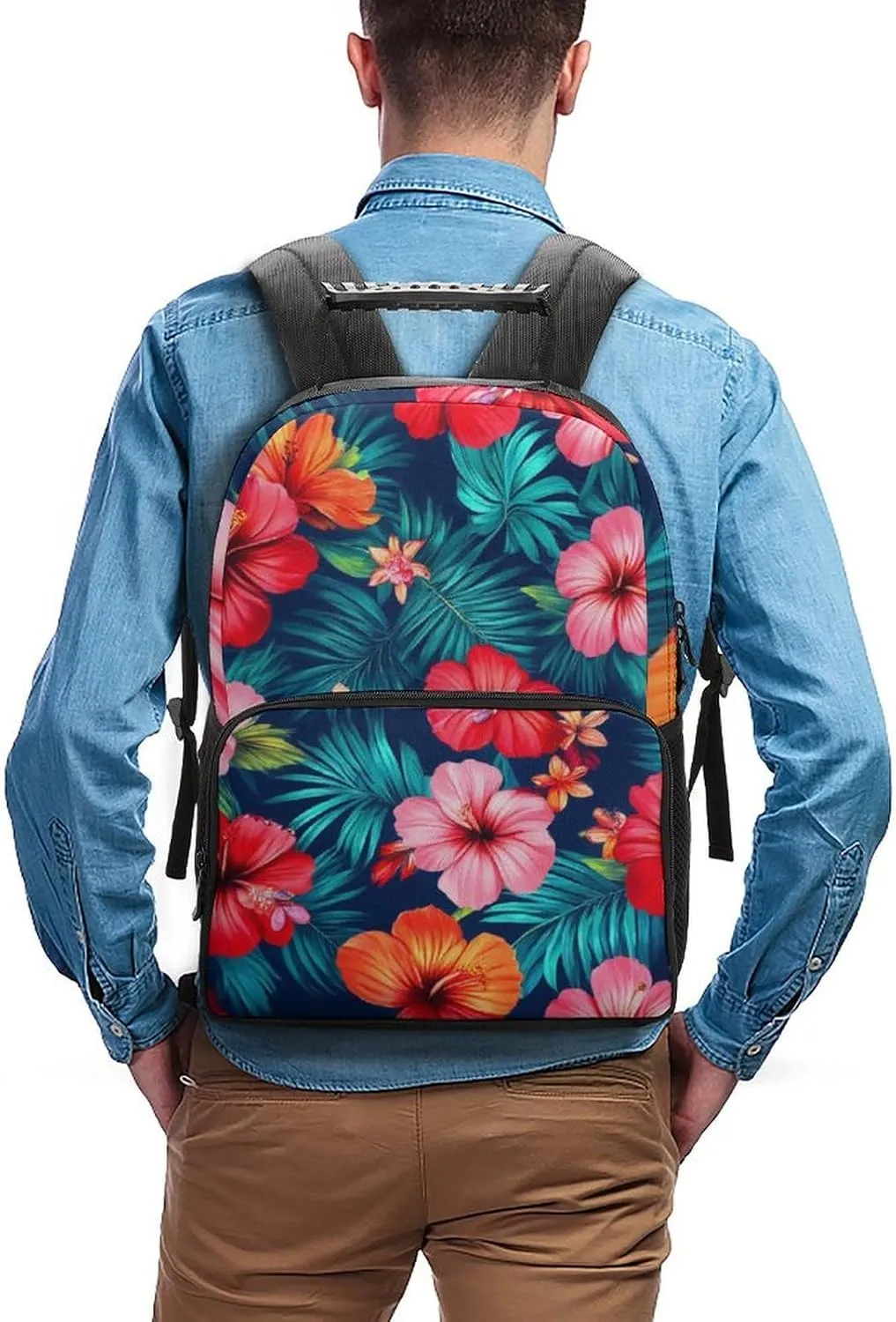 Supdreamc Men Women Lightweight Hawaiian Colorful Hibiscus Flowers Tropical Palm Tree Leaves Backpack Large Capacity Bookbag With Smooth Zippers for Gym Business Running